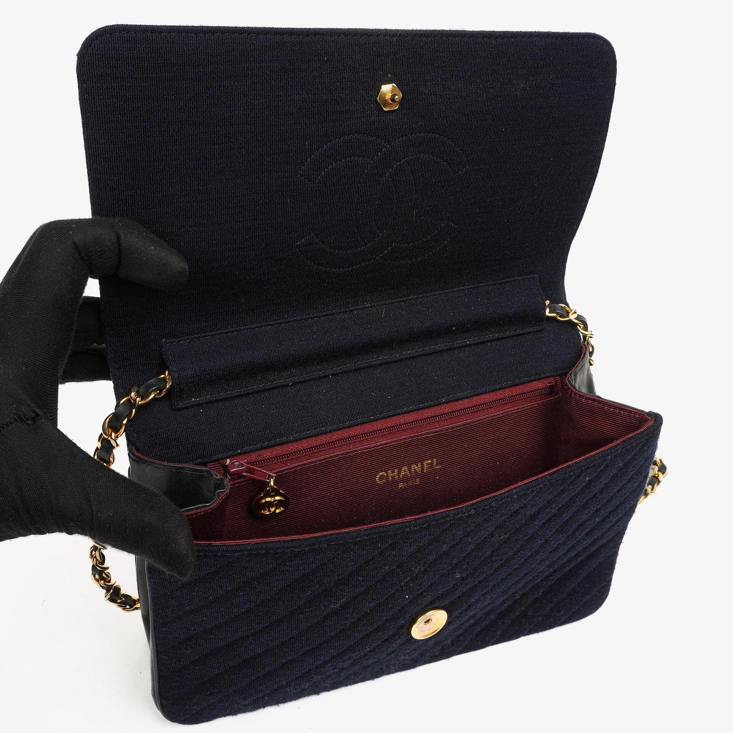 Chanel Medium Single Flap Bag In Navy Diagonal Quilted Jersey And Leather With 24K Gold-Plated Hardware