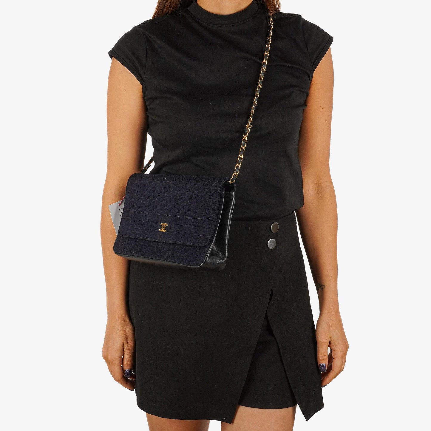 Chanel Medium Single Flap Bag In Navy Diagonal Quilted Jersey And Leather With 24K Gold-Plated Hardware