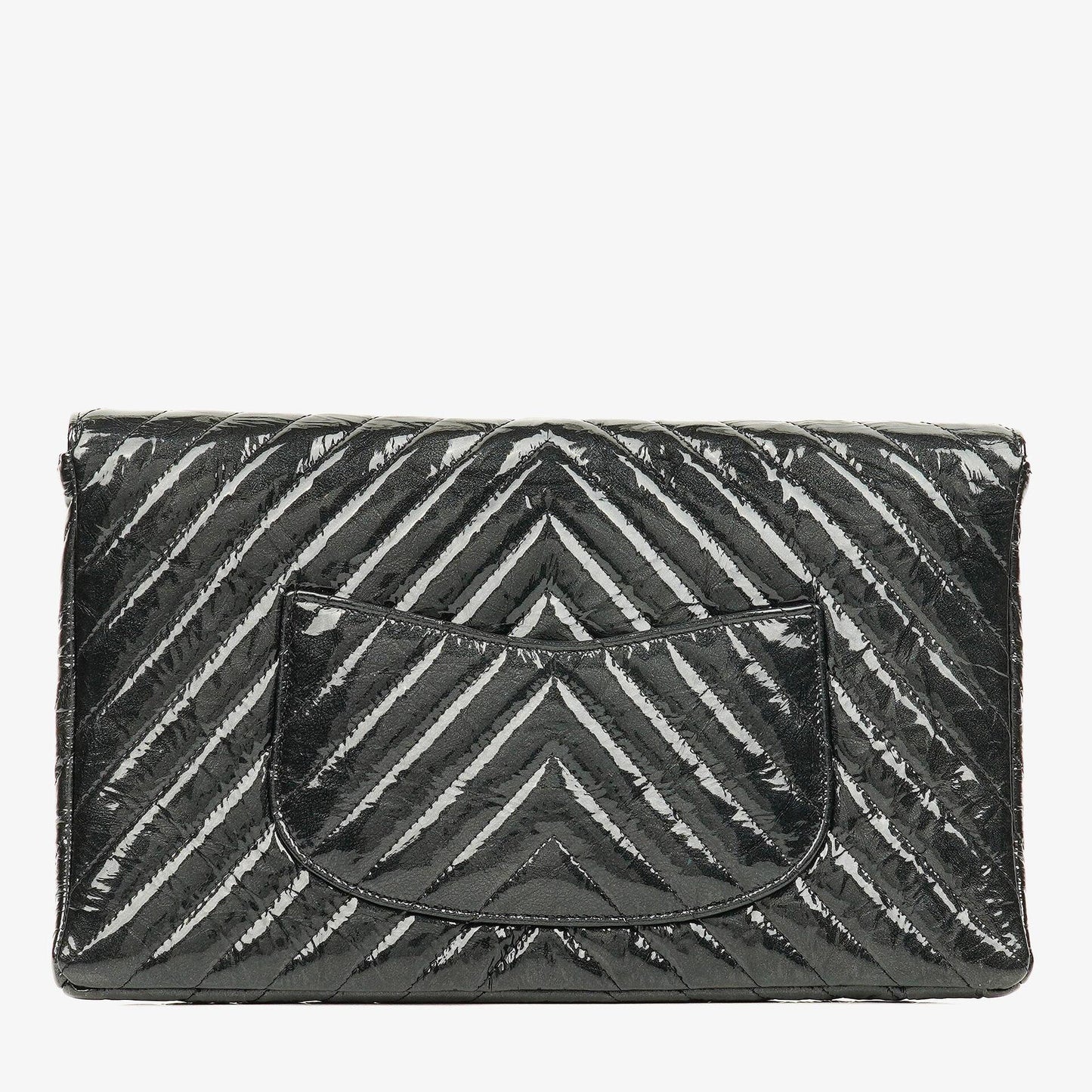 Chanel Metallic Black Crumpled Patent Calfskin Chevron Flap Clutch