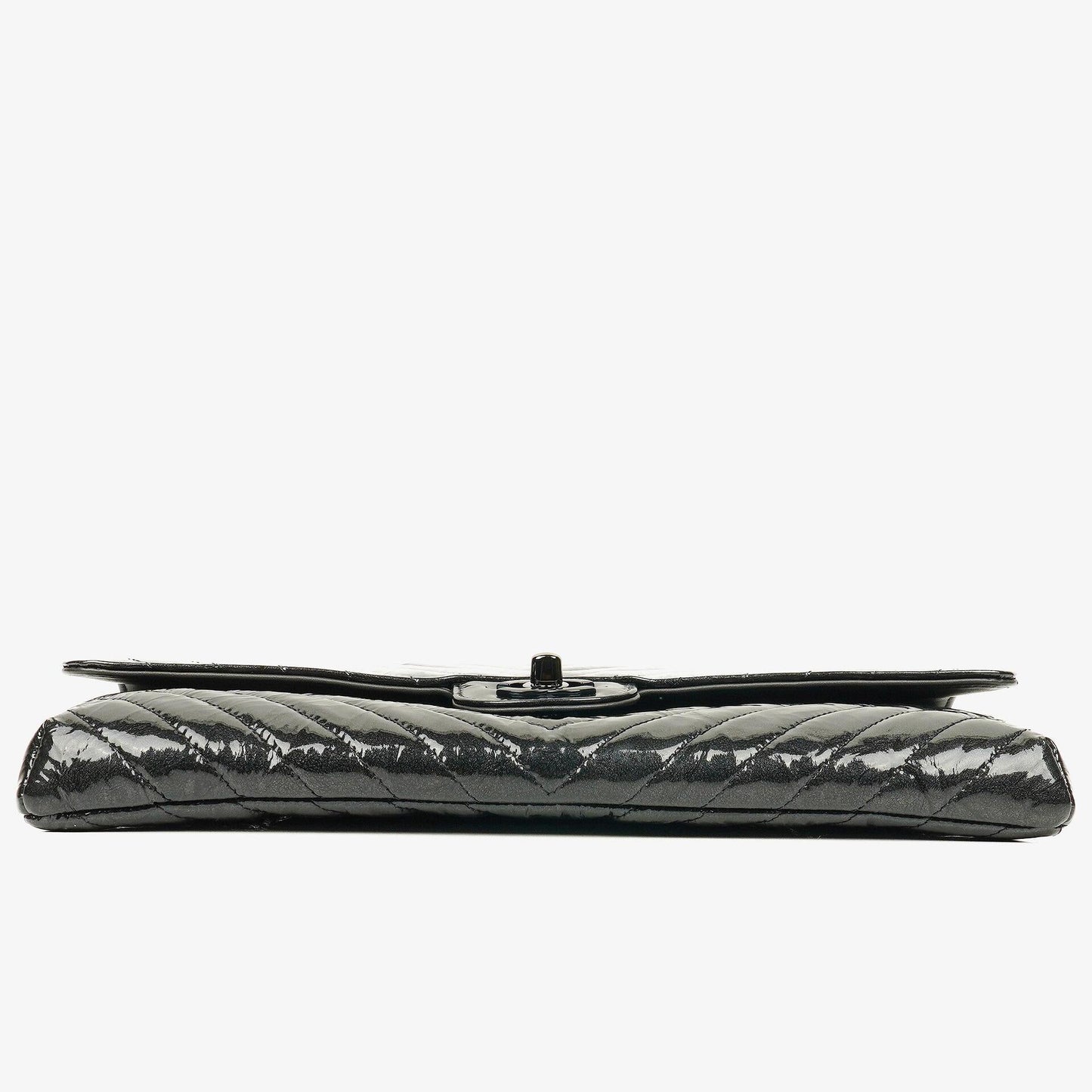 Chanel Metallic Black Crumpled Patent Calfskin Chevron Flap Clutch