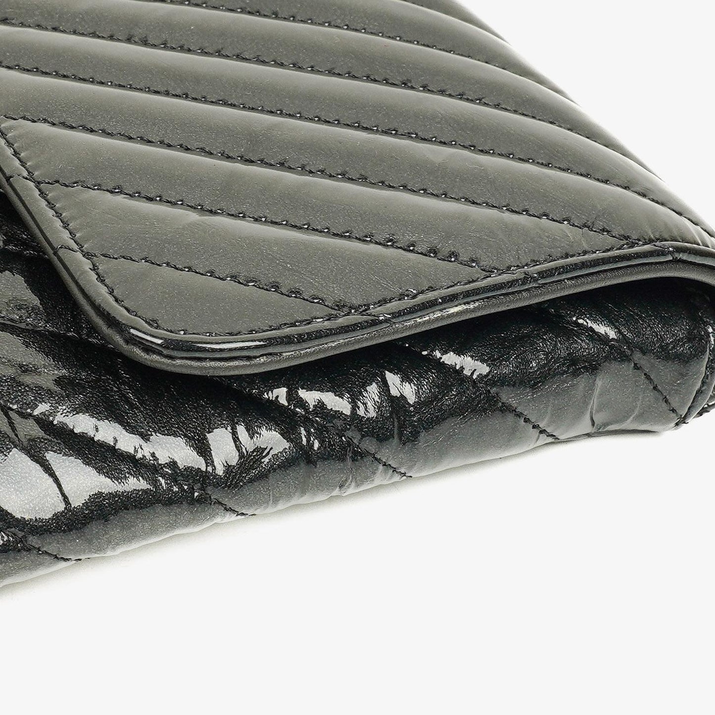 Chanel Metallic Black Crumpled Patent Calfskin Chevron Flap Clutch