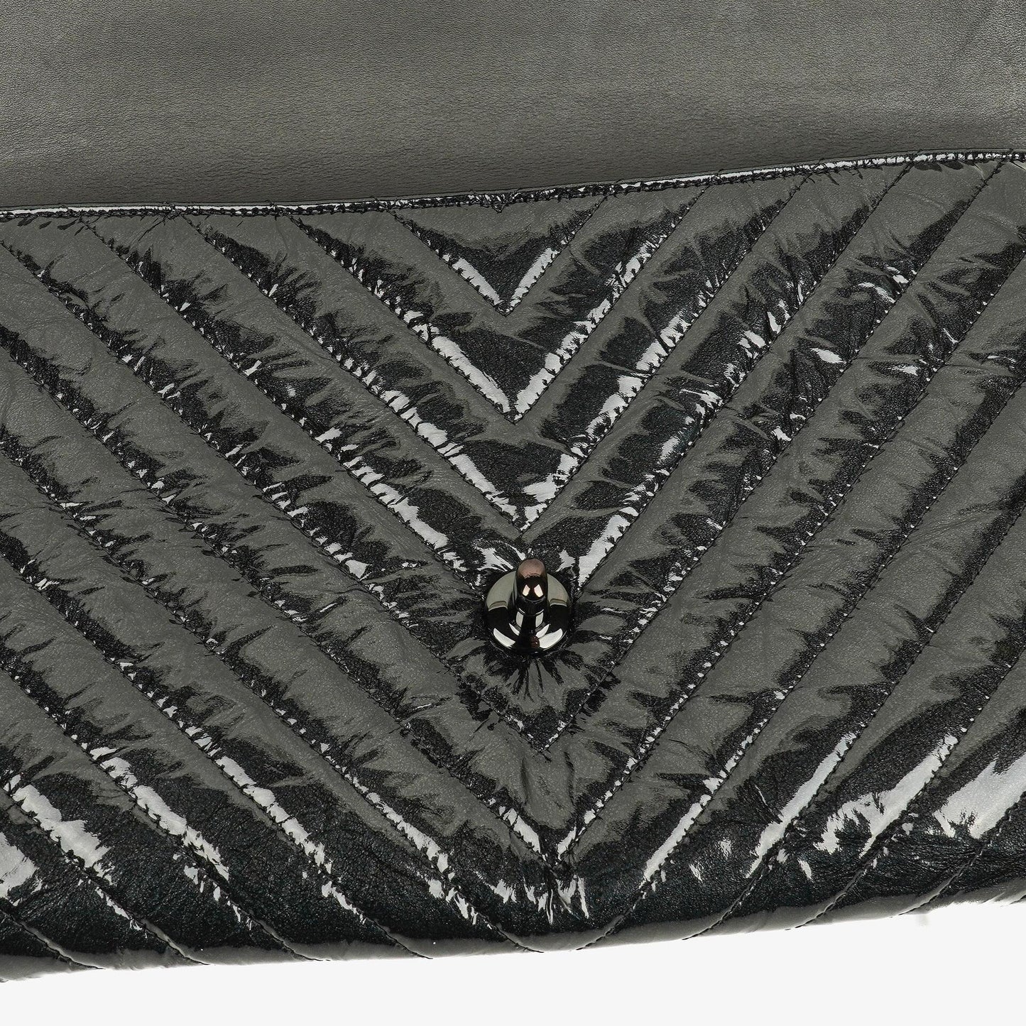 Chanel Metallic Black Crumpled Patent Calfskin Chevron Flap Clutch