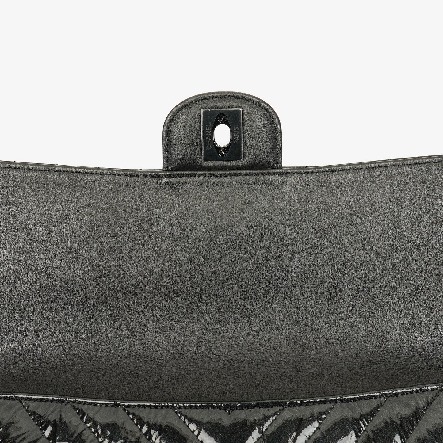 Chanel Metallic Black Crumpled Patent Calfskin Chevron Flap Clutch