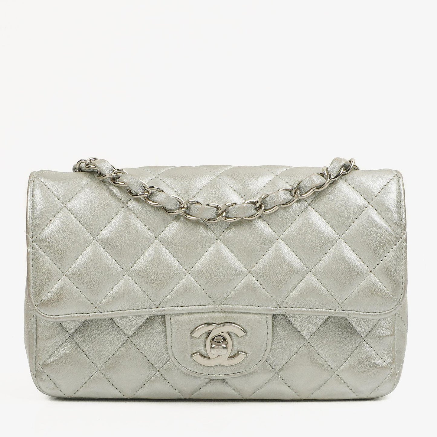 Chanel Mini Rectangular Single Flap Bag Metalic Silver Quilted Lambskin SIlver Tone Hardware