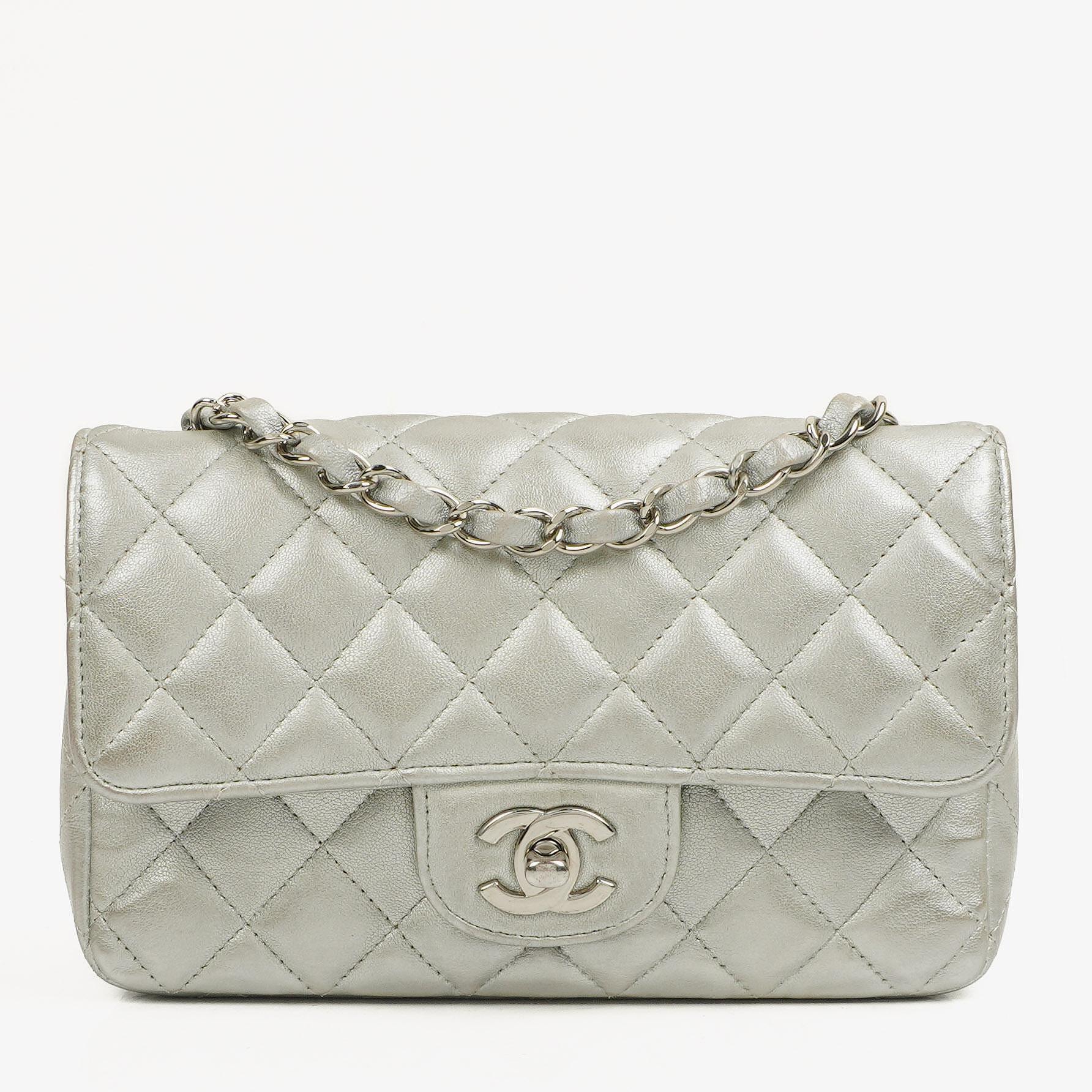 Chanel Mini Rectangular Single Flap Bag Metalic Silver Quilted Lambskin SIlver Tone Hardware