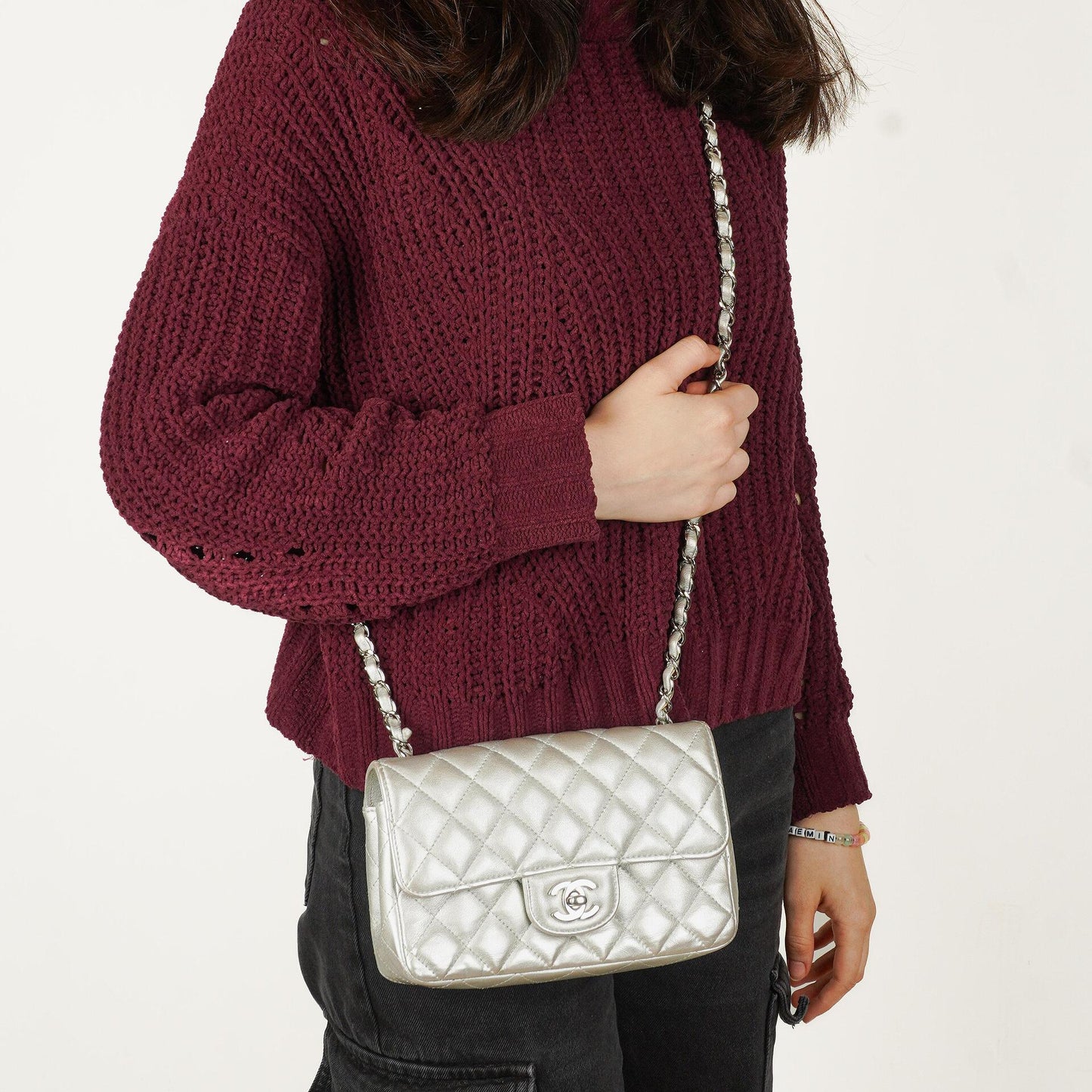 Chanel Mini Rectangular Single Flap Bag Metalic Silver Quilted Lambskin SIlver Tone Hardware