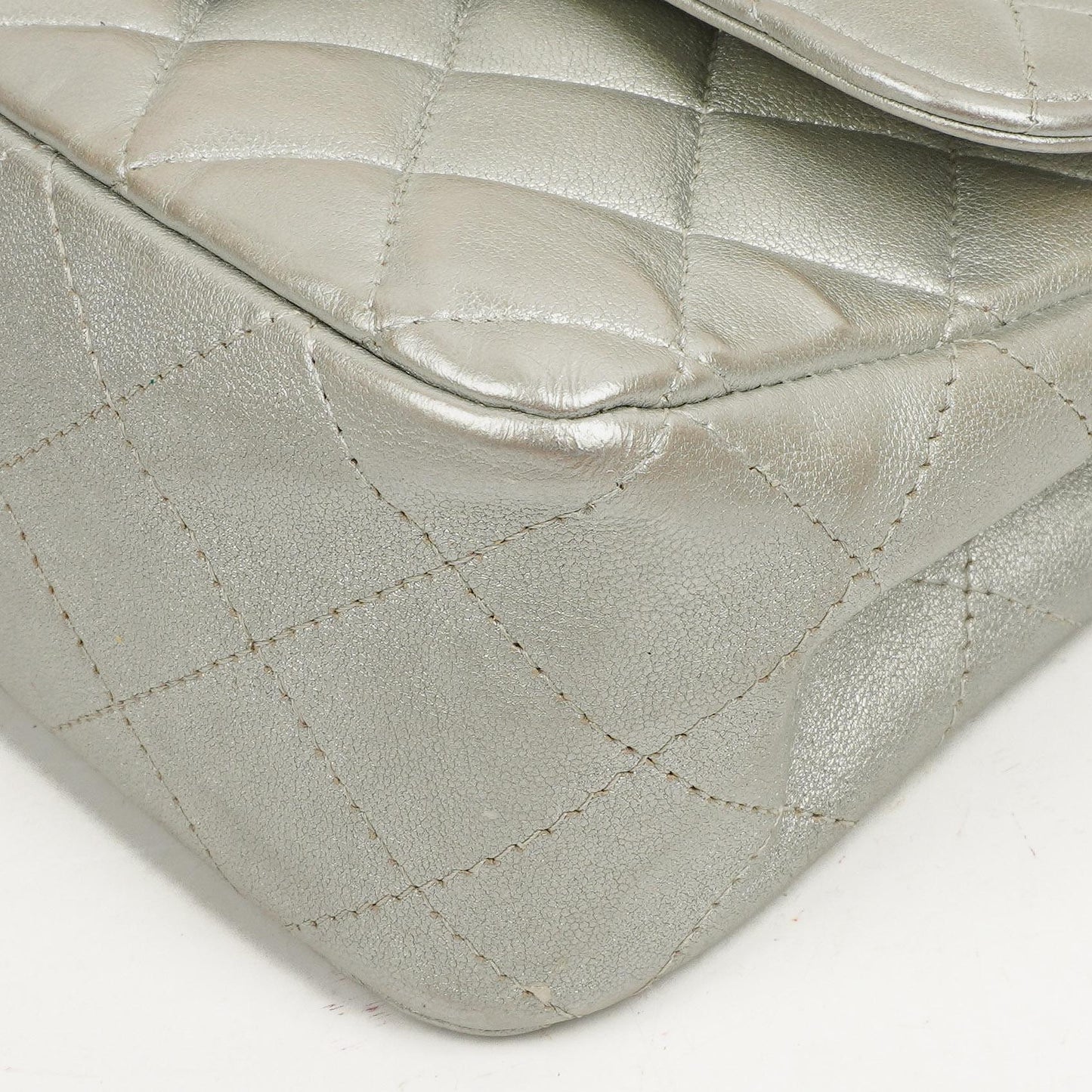 Chanel Mini Rectangular Single Flap Bag Metalic Silver Quilted Lambskin SIlver Tone Hardware