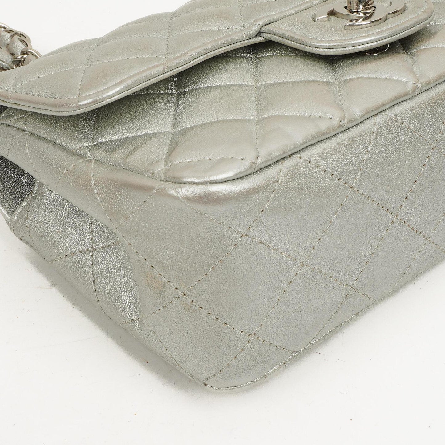 Chanel Mini Rectangular Single Flap Bag Metalic Silver Quilted Lambskin SIlver Tone Hardware