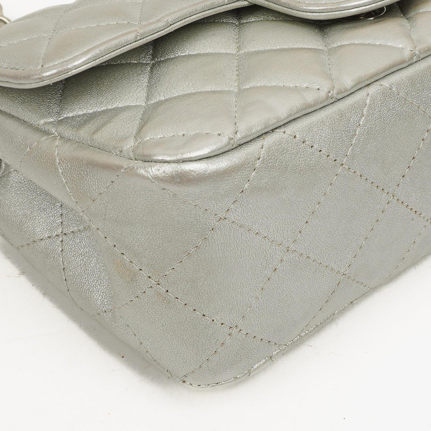 Chanel Mini Rectangular Single Flap Bag Metalic Silver Quilted Lambskin SIlver Tone Hardware