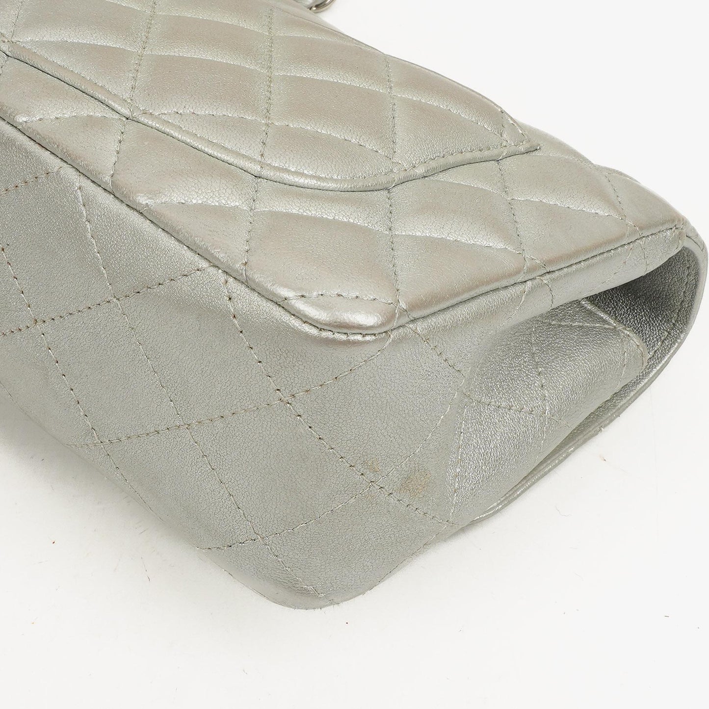 Chanel Mini Rectangular Single Flap Bag Metalic Silver Quilted Lambskin SIlver Tone Hardware