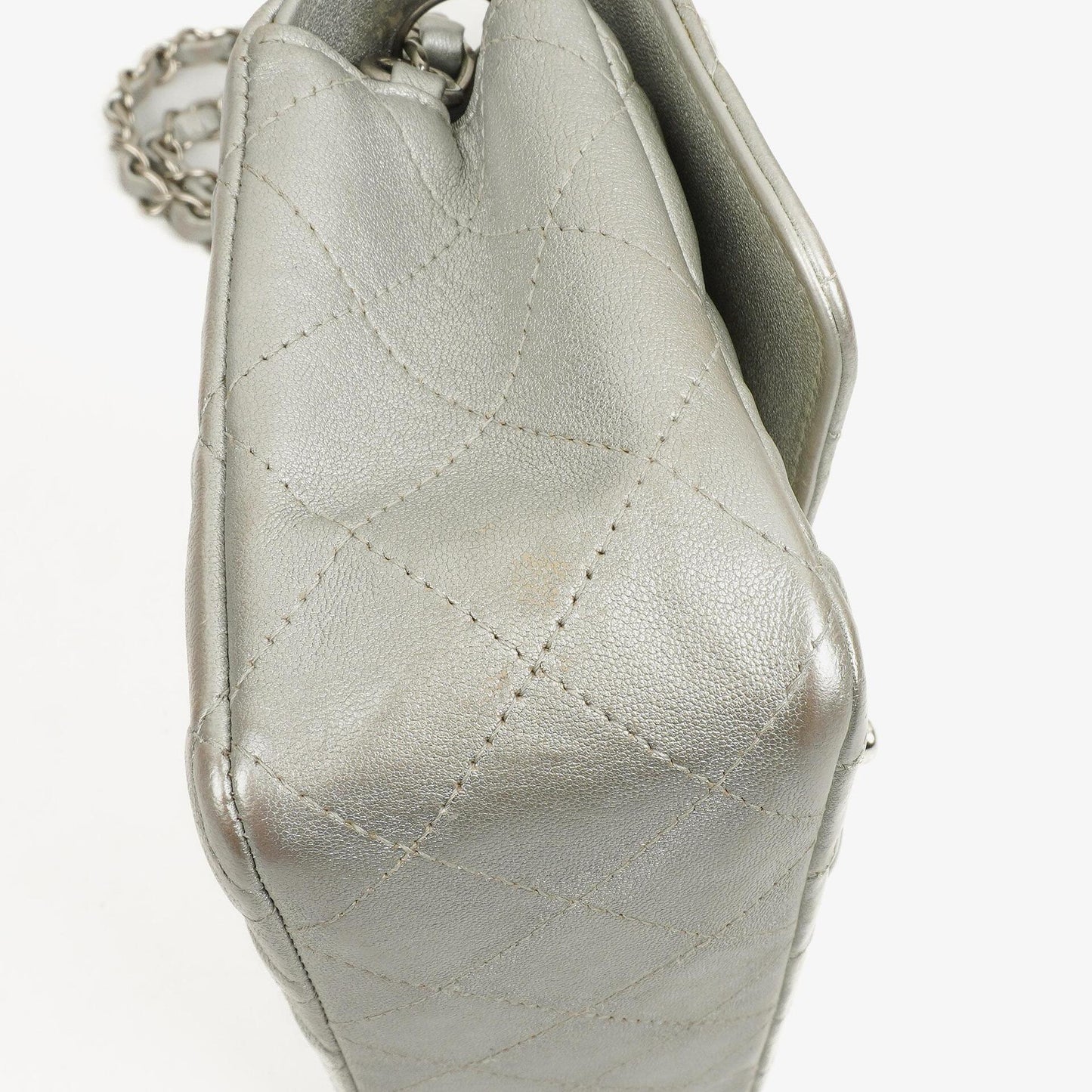 Chanel Mini Rectangular Single Flap Bag Metalic Silver Quilted Lambskin SIlver Tone Hardware