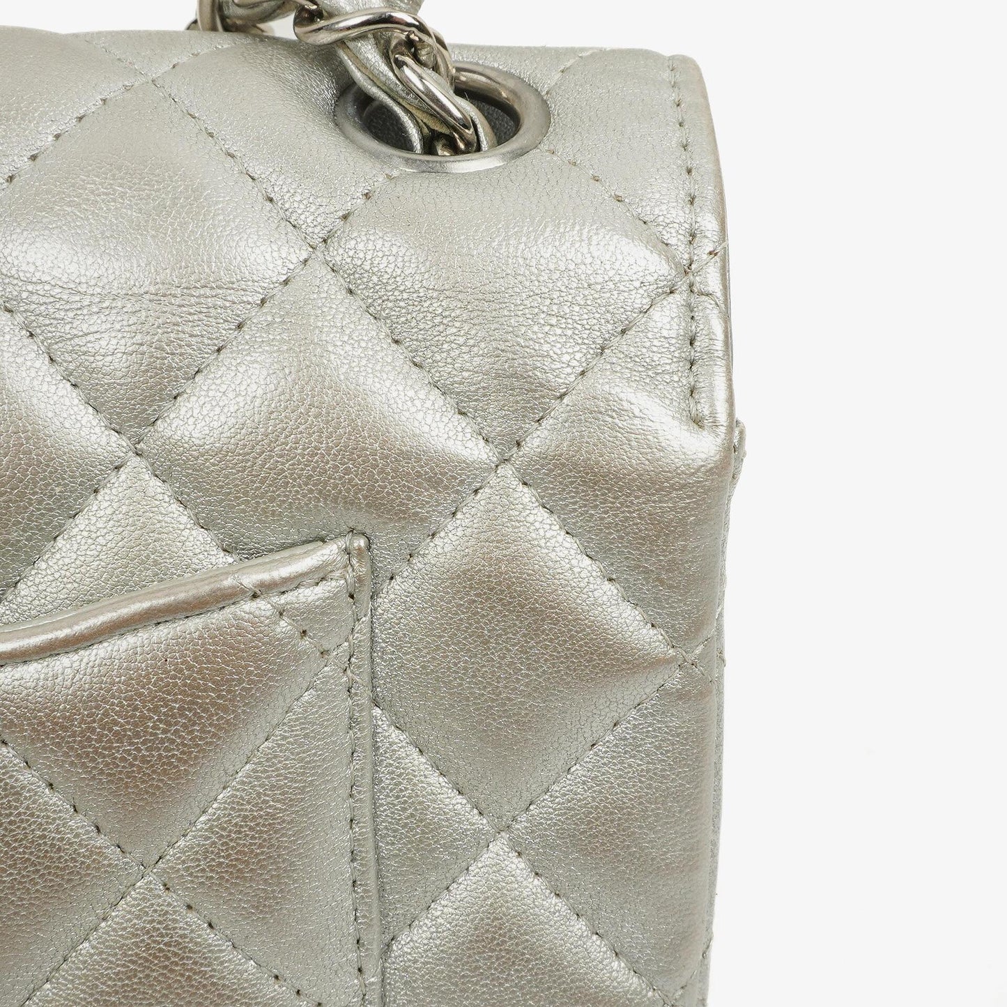 Chanel Mini Rectangular Single Flap Bag Metalic Silver Quilted Lambskin SIlver Tone Hardware