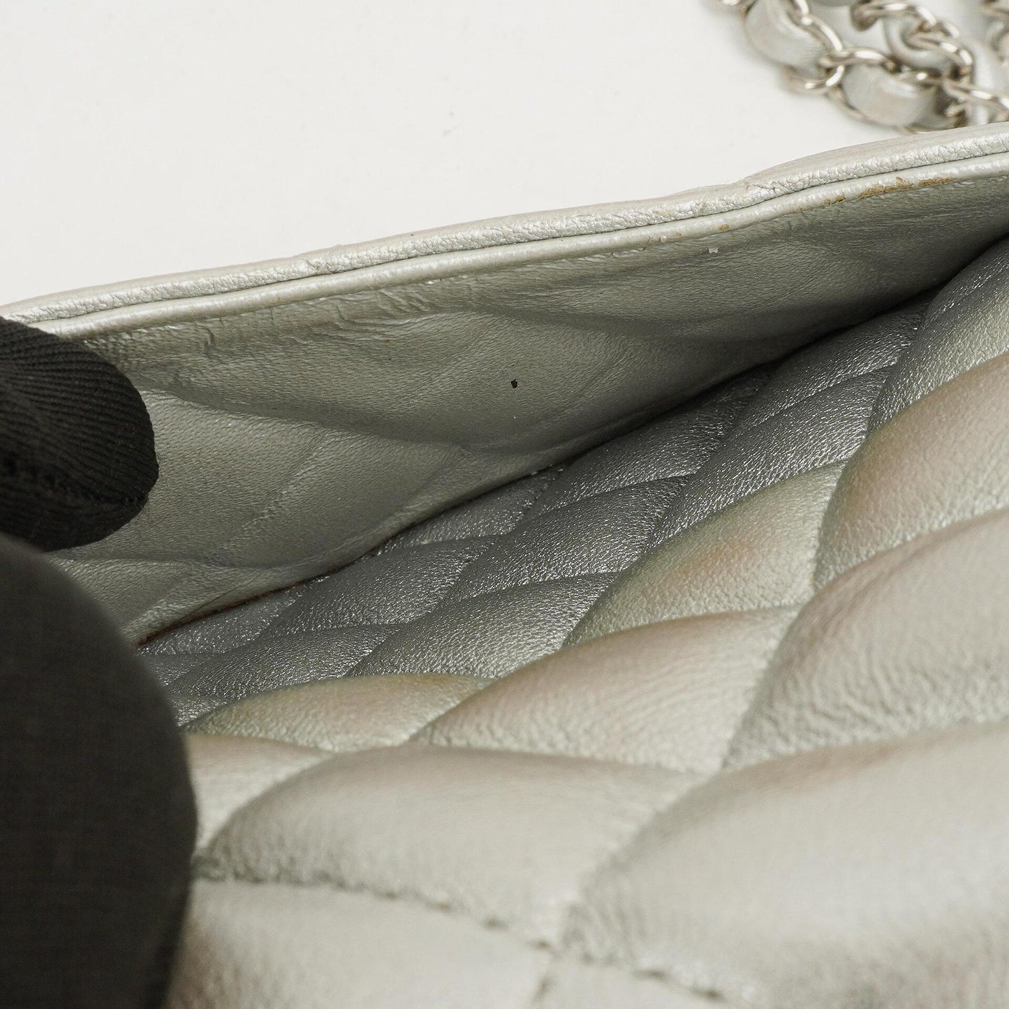 Chanel Mini Rectangular Single Flap Bag Metalic Silver Quilted Lambskin SIlver Tone Hardware