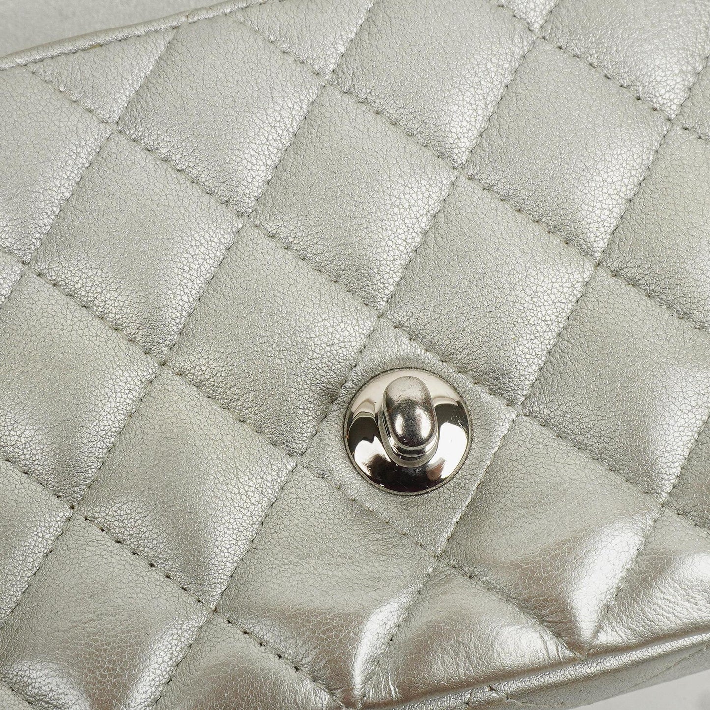 Chanel Mini Rectangular Single Flap Bag Metalic Silver Quilted Lambskin SIlver Tone Hardware
