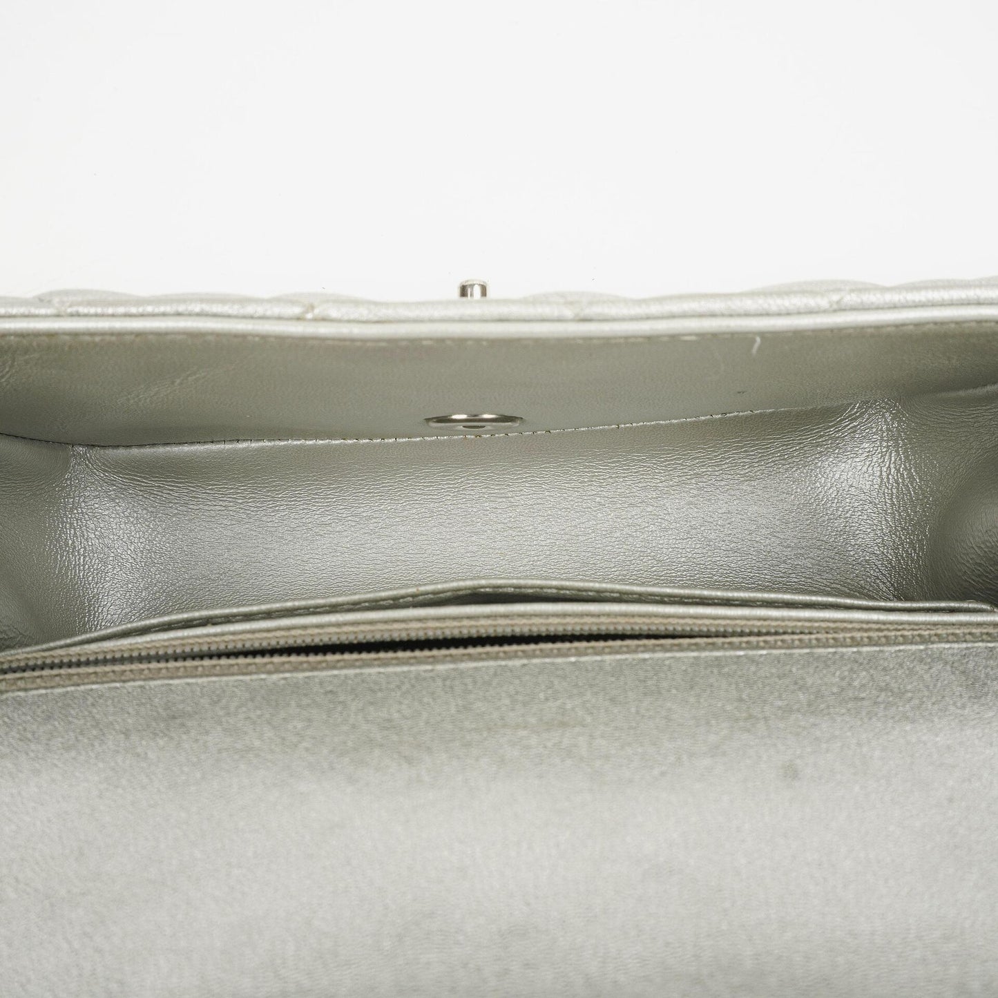 Chanel Mini Rectangular Single Flap Bag Metalic Silver Quilted Lambskin SIlver Tone Hardware