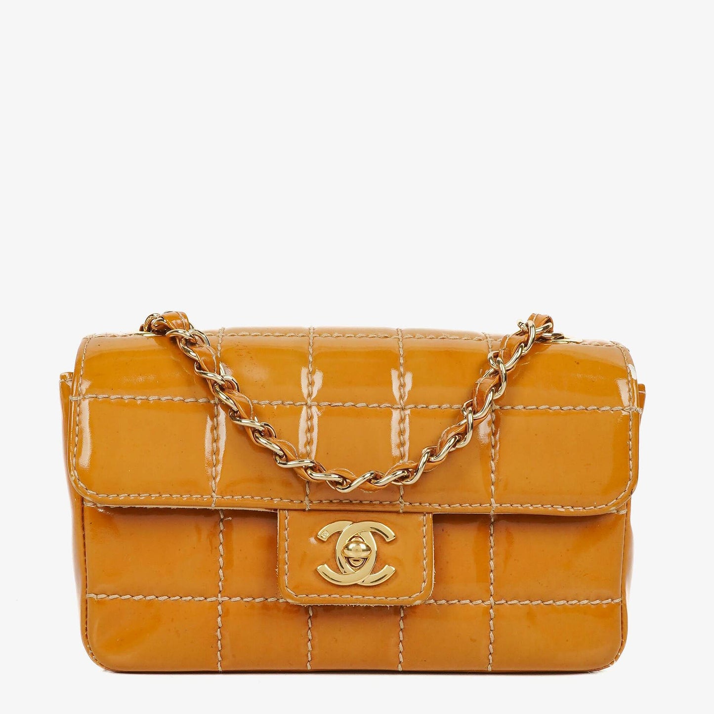 Chanel Mini Chocolate Bar Qulted Patent Leather Flap Bag With 24K Gold-Plated Hardware