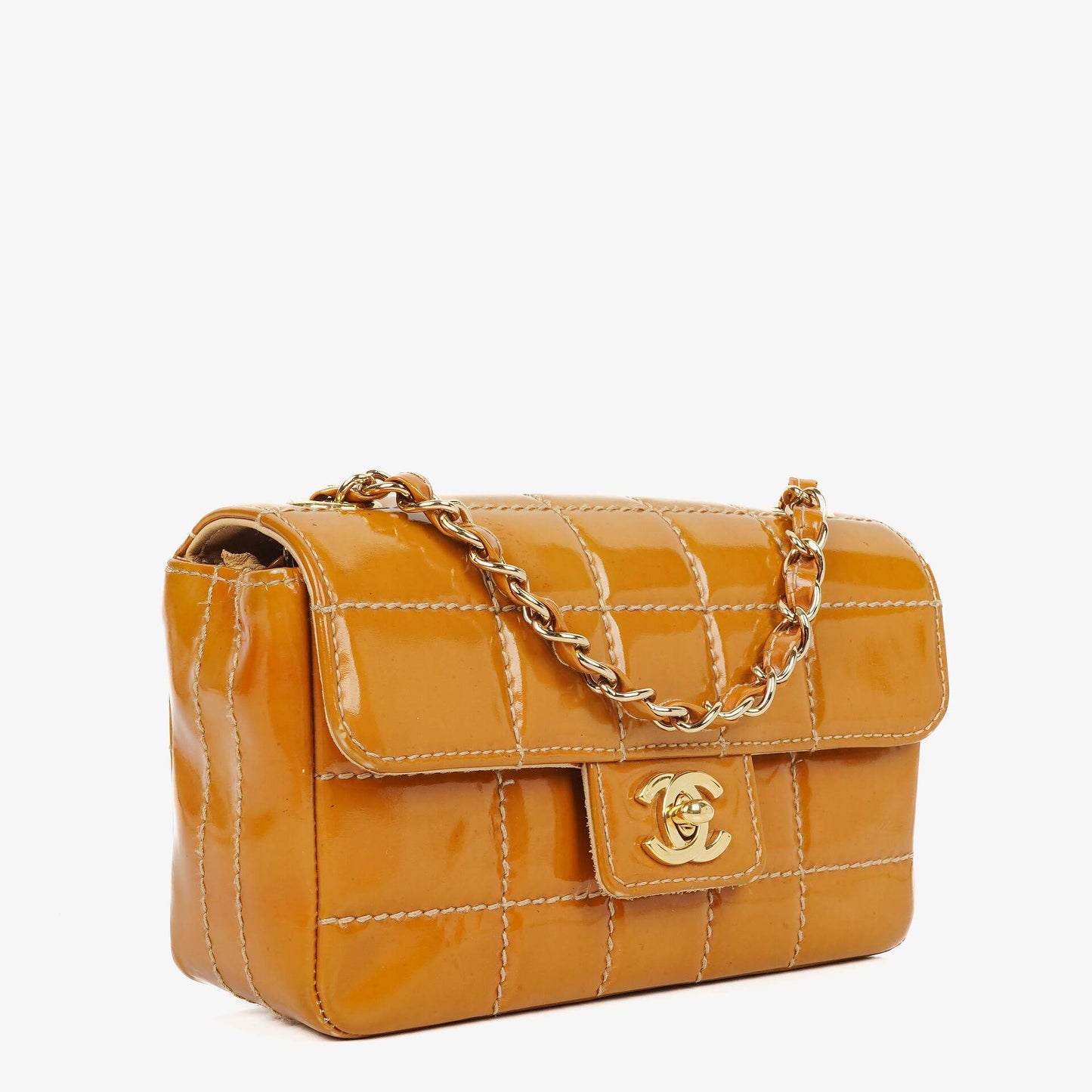 Chanel Mini Chocolate Bar Qulted Patent Leather Flap Bag With 24K Gold-Plated Hardware