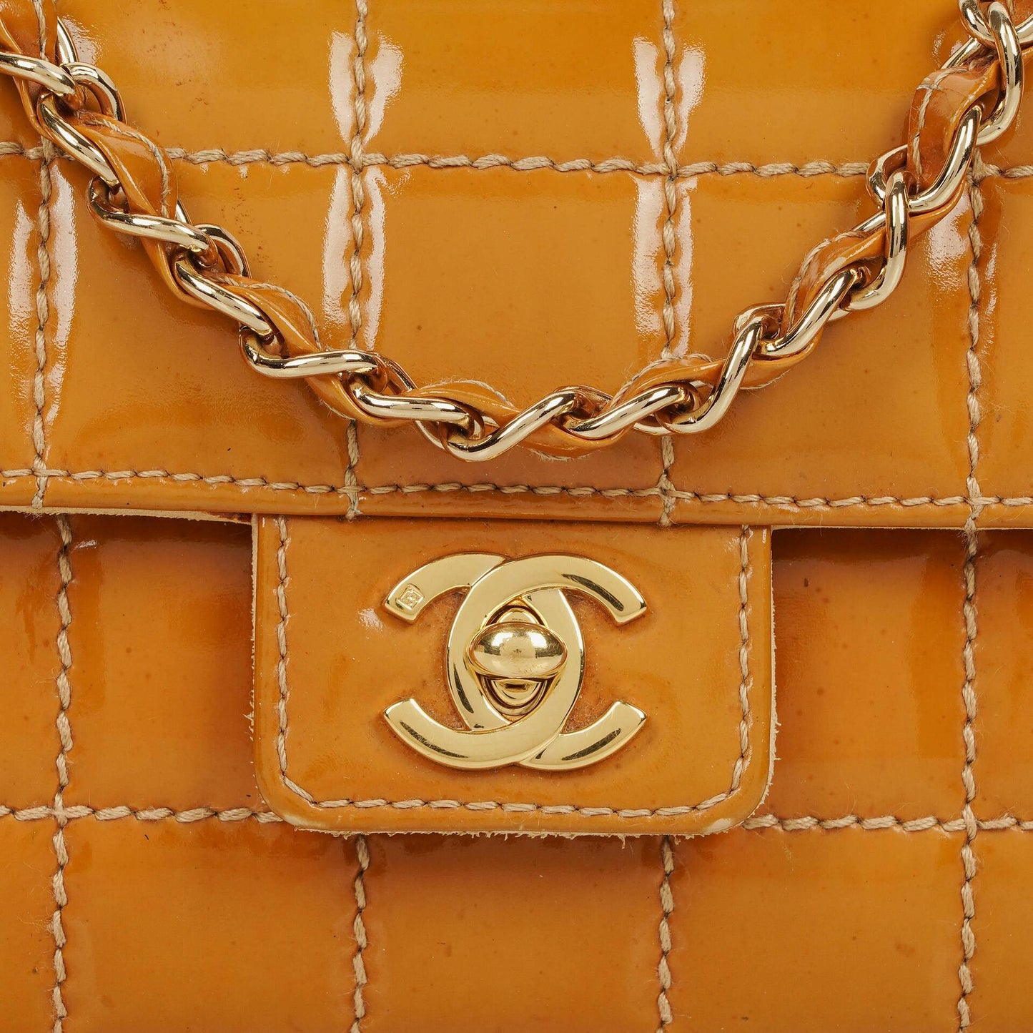 Chanel Mini Chocolate Bar Qulted Patent Leather Flap Bag With 24K Gold-Plated Hardware