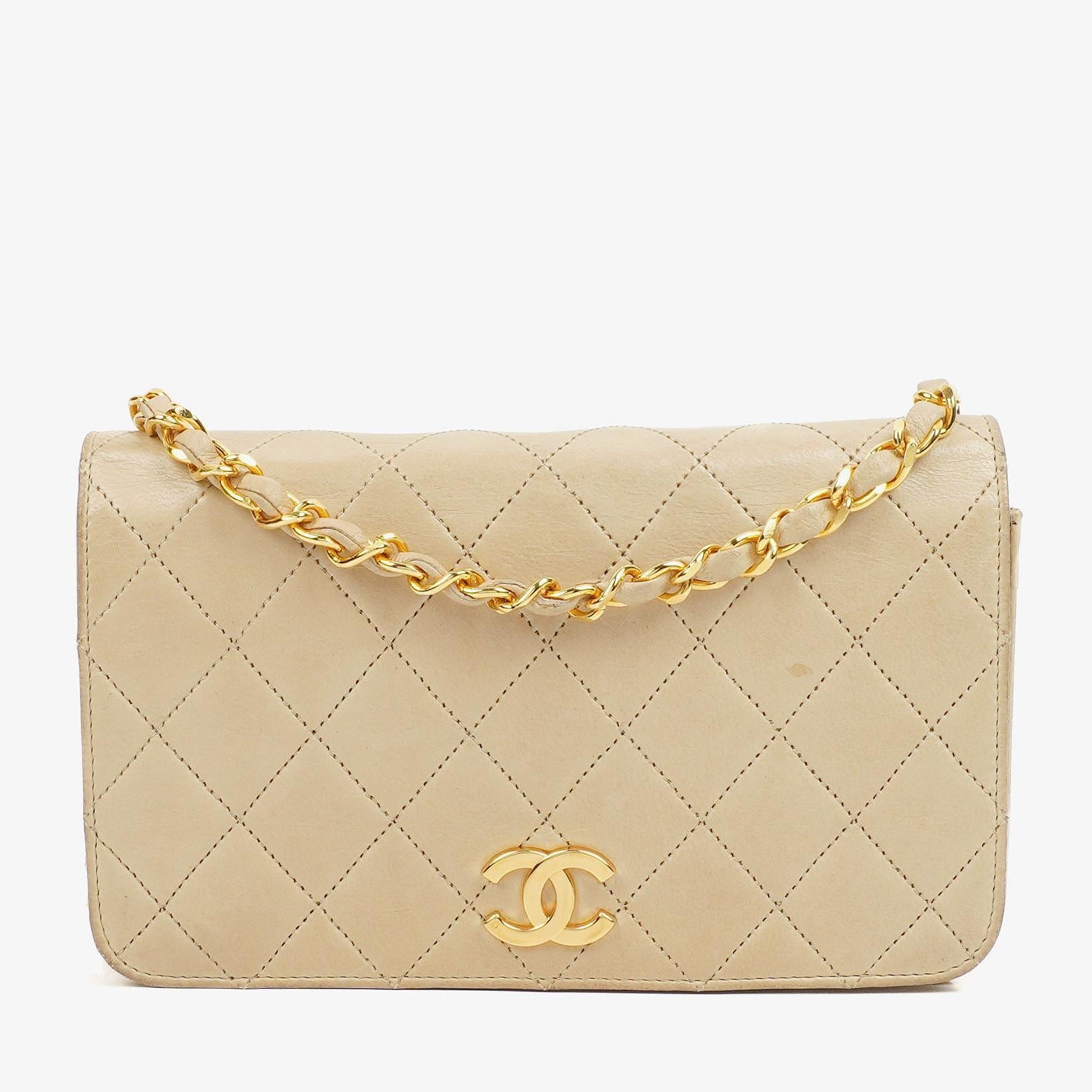 Chanel Mini Classic Beige Quilted Lambskin Full Flap Wallet On Chain WOC With 24K Gold-Plated Hardware