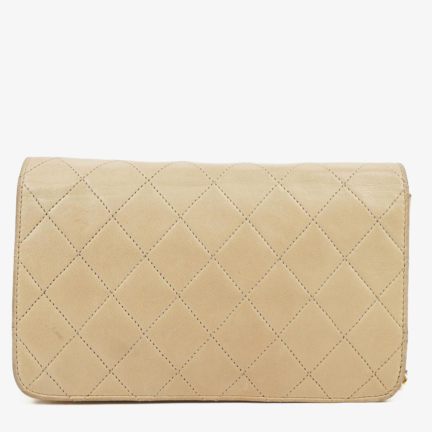 Chanel Mini Classic Beige Quilted Lambskin Full Flap Wallet On Chain WOC With 24K Gold-Plated Hardware