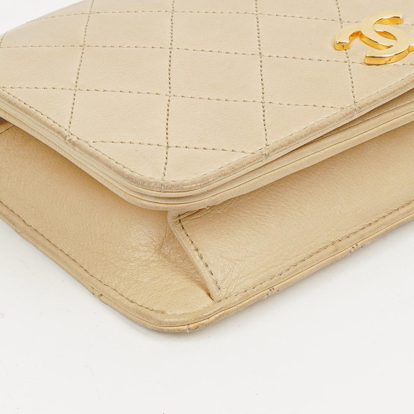 Chanel Mini Classic Beige Quilted Lambskin Full Flap Wallet On Chain WOC With 24K Gold-Plated Hardware