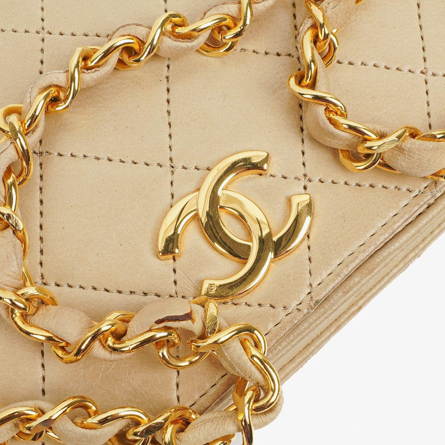 Chanel Mini Classic Beige Quilted Lambskin Full Flap Wallet On Chain WOC With 24K Gold-Plated Hardware