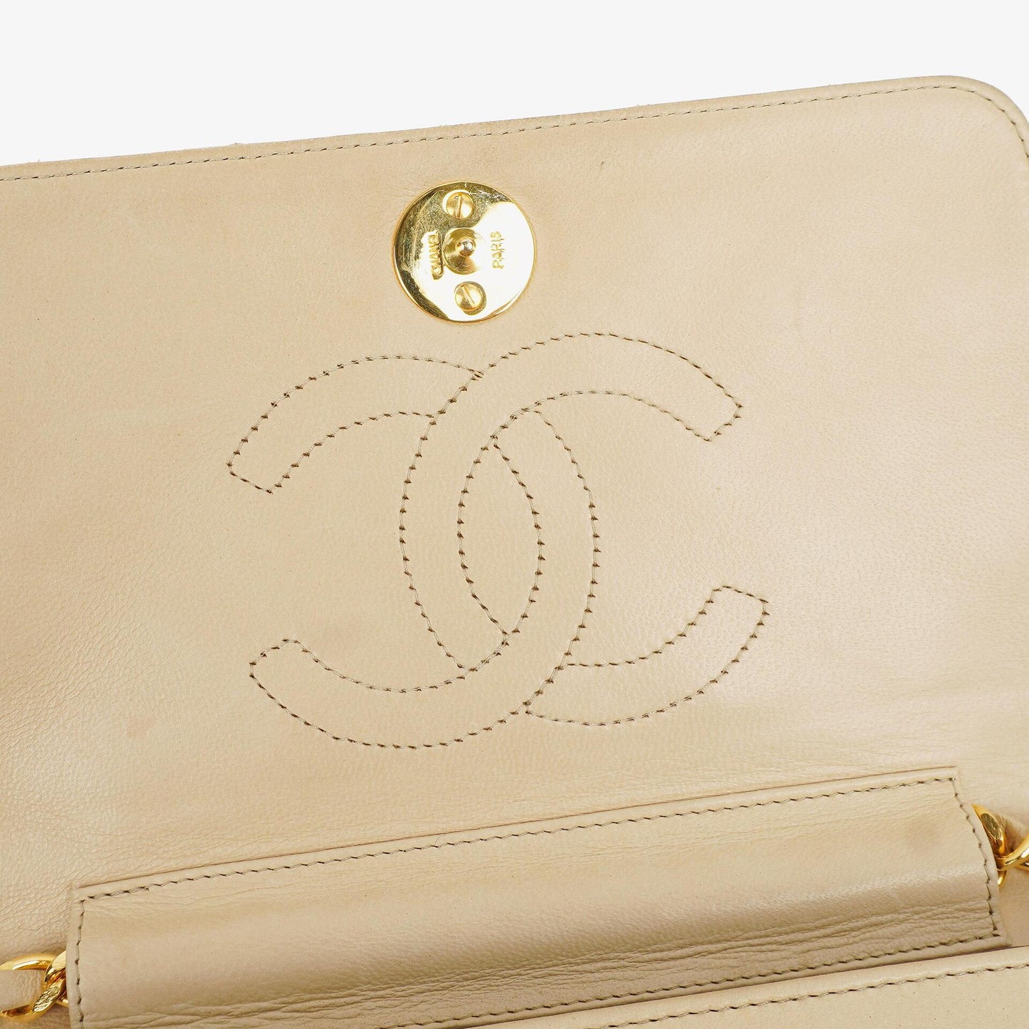 Chanel Mini Classic Beige Quilted Lambskin Full Flap Wallet On Chain WOC With 24K Gold-Plated Hardware
