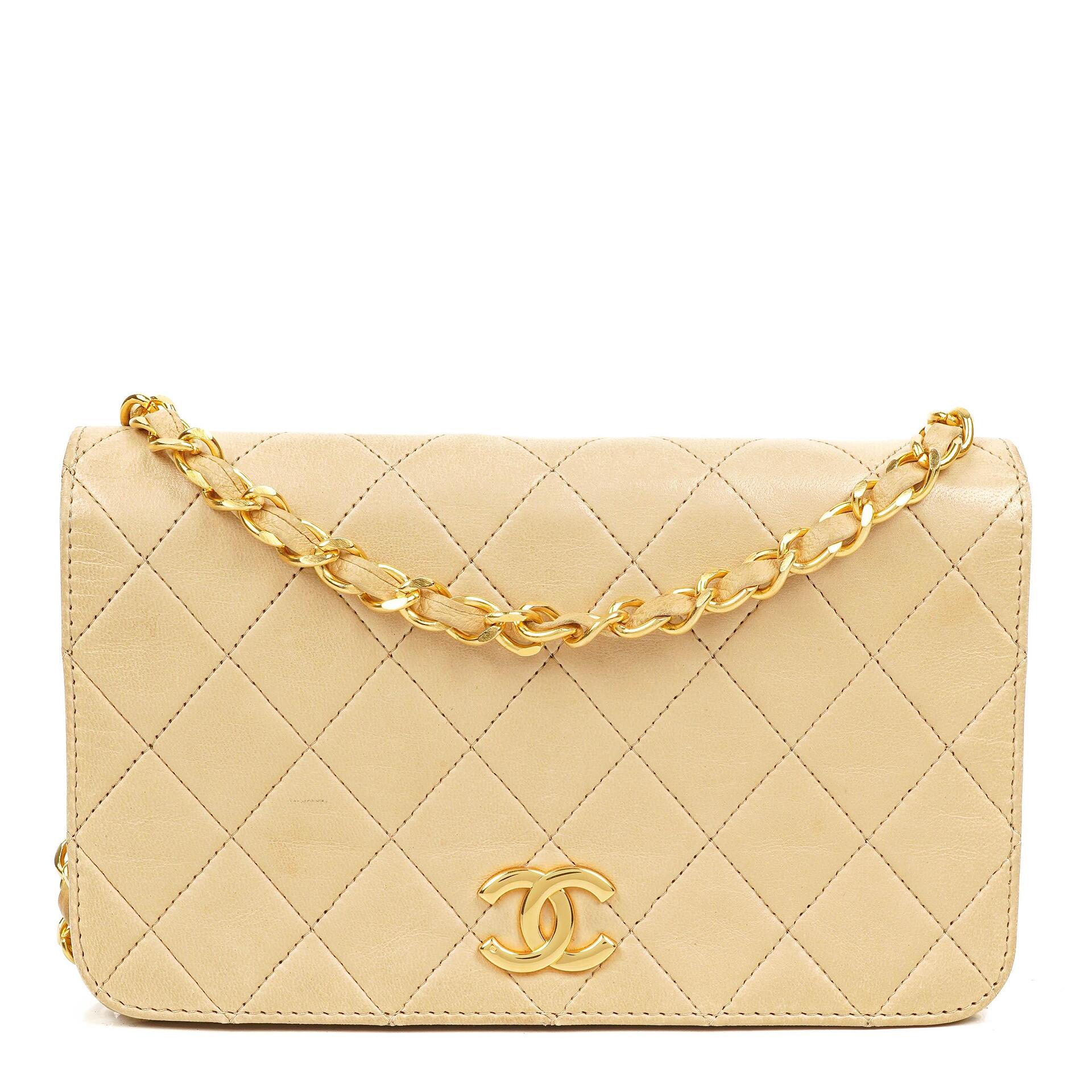 Chanel Mini Classic Biege Quilted Lambskin Full Flap Wallet On Chain WOC With 24K Gold-Plated Hardware