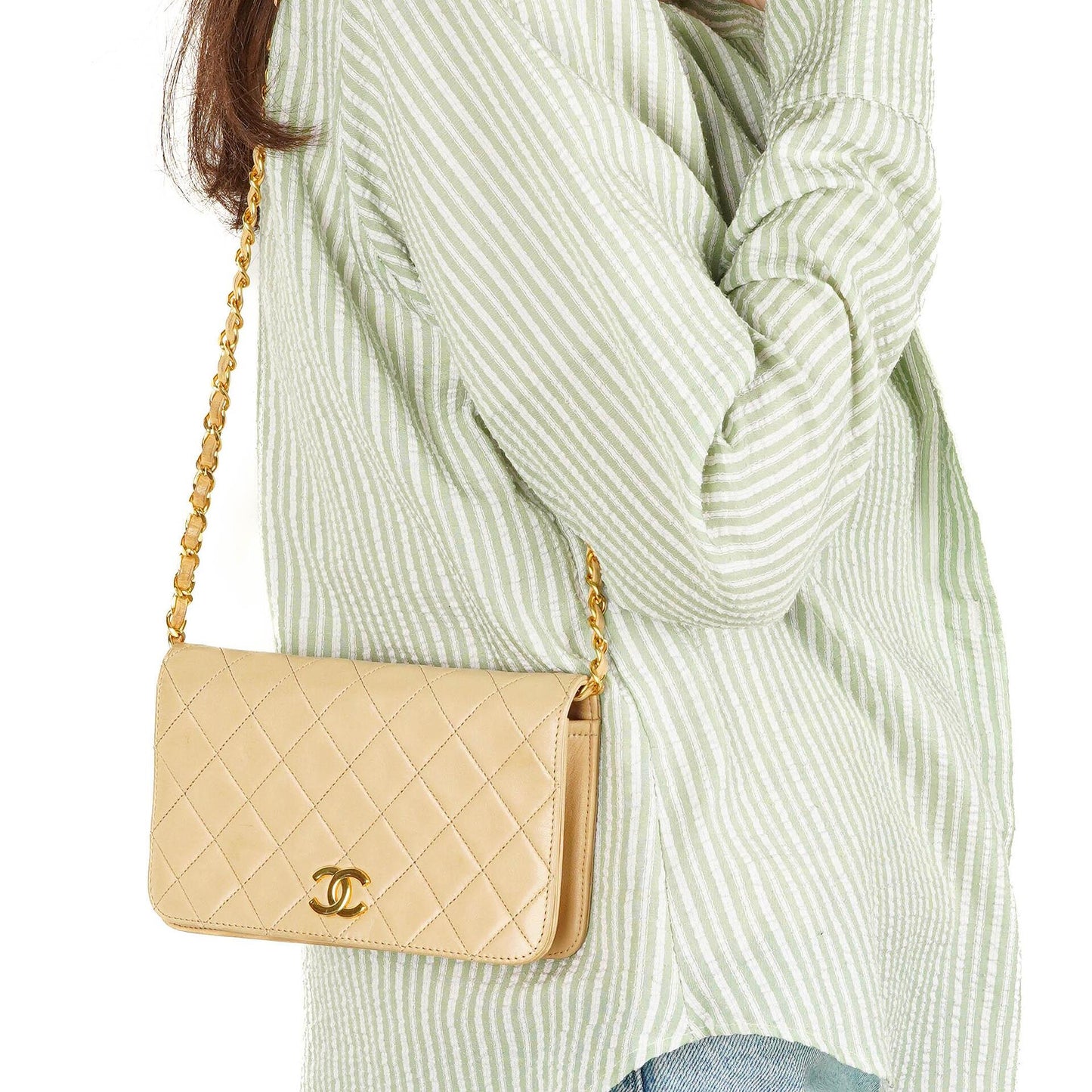 Chanel Mini Classic Biege Quilted Lambskin Full Flap Wallet On Chain WOC With 24K Gold-Plated Hardware
