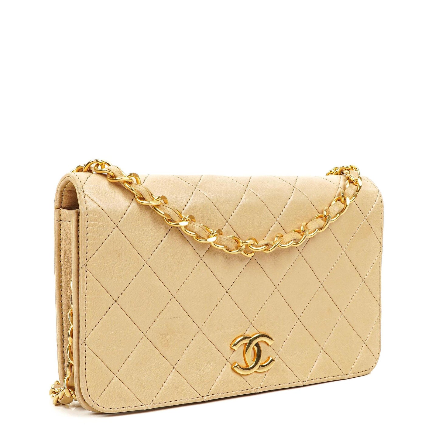 Chanel Mini Classic Biege Quilted Lambskin Full Flap Wallet On Chain WOC With 24K Gold-Plated Hardware