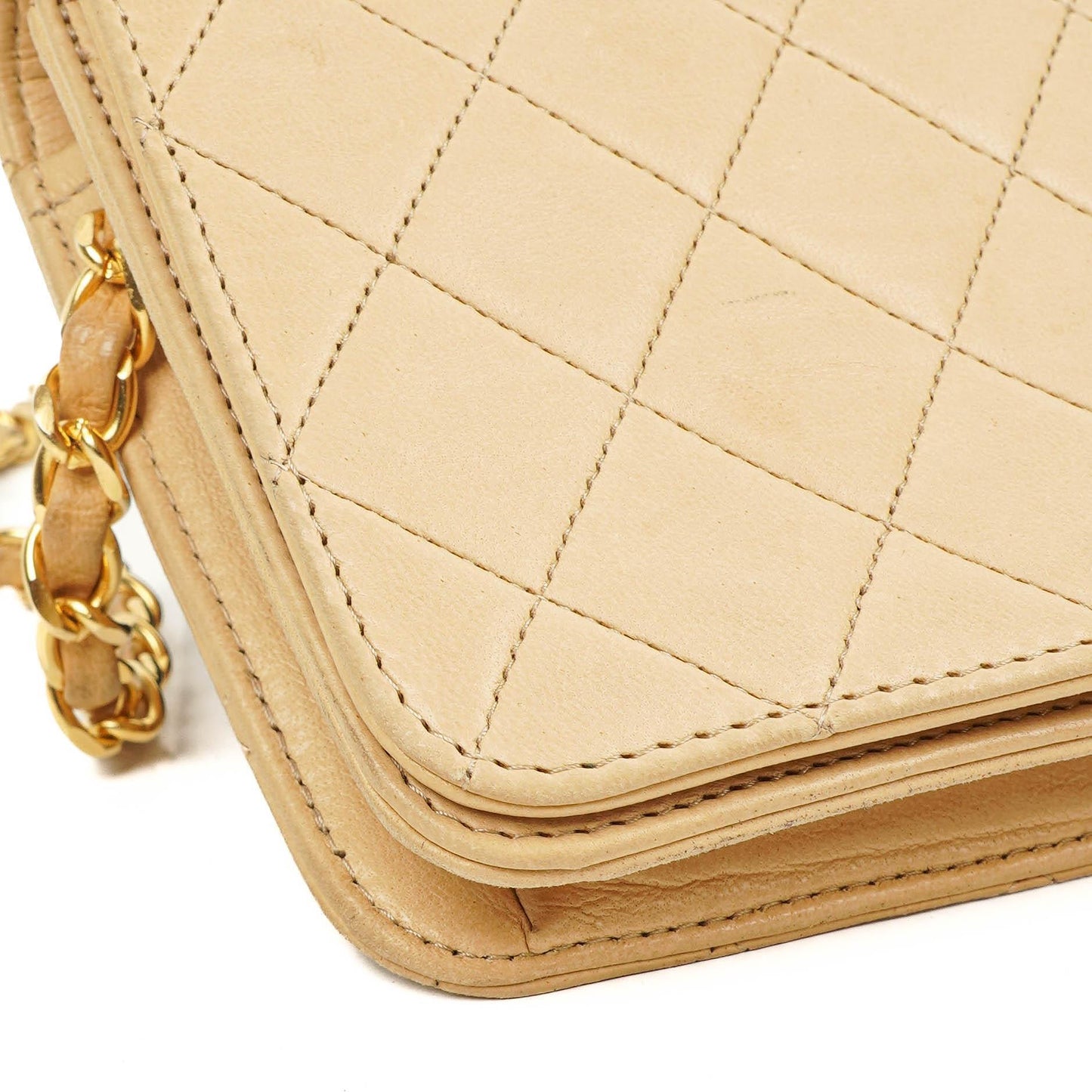 Chanel Mini Classic Biege Quilted Lambskin Full Flap Wallet On Chain WOC With 24K Gold-Plated Hardware