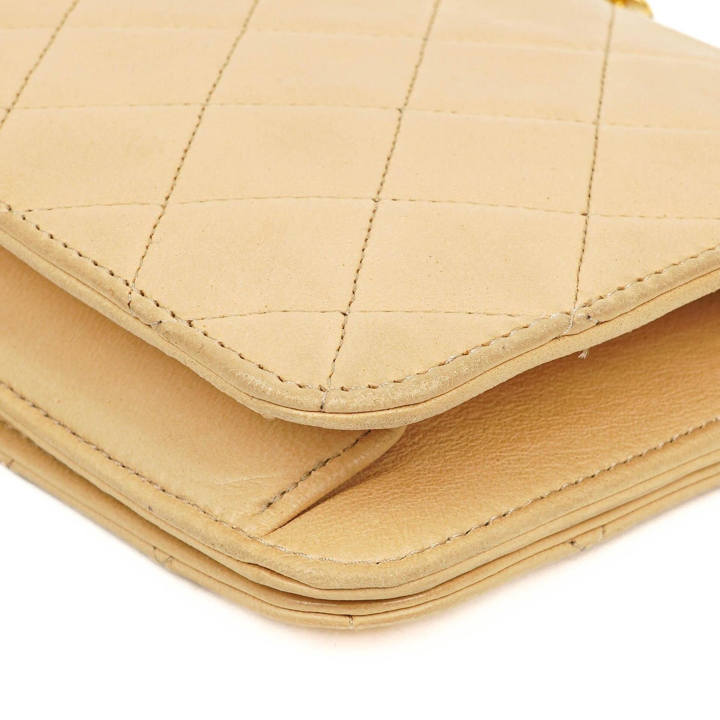Chanel Mini Classic Biege Quilted Lambskin Full Flap Wallet On Chain WOC With 24K Gold-Plated Hardware