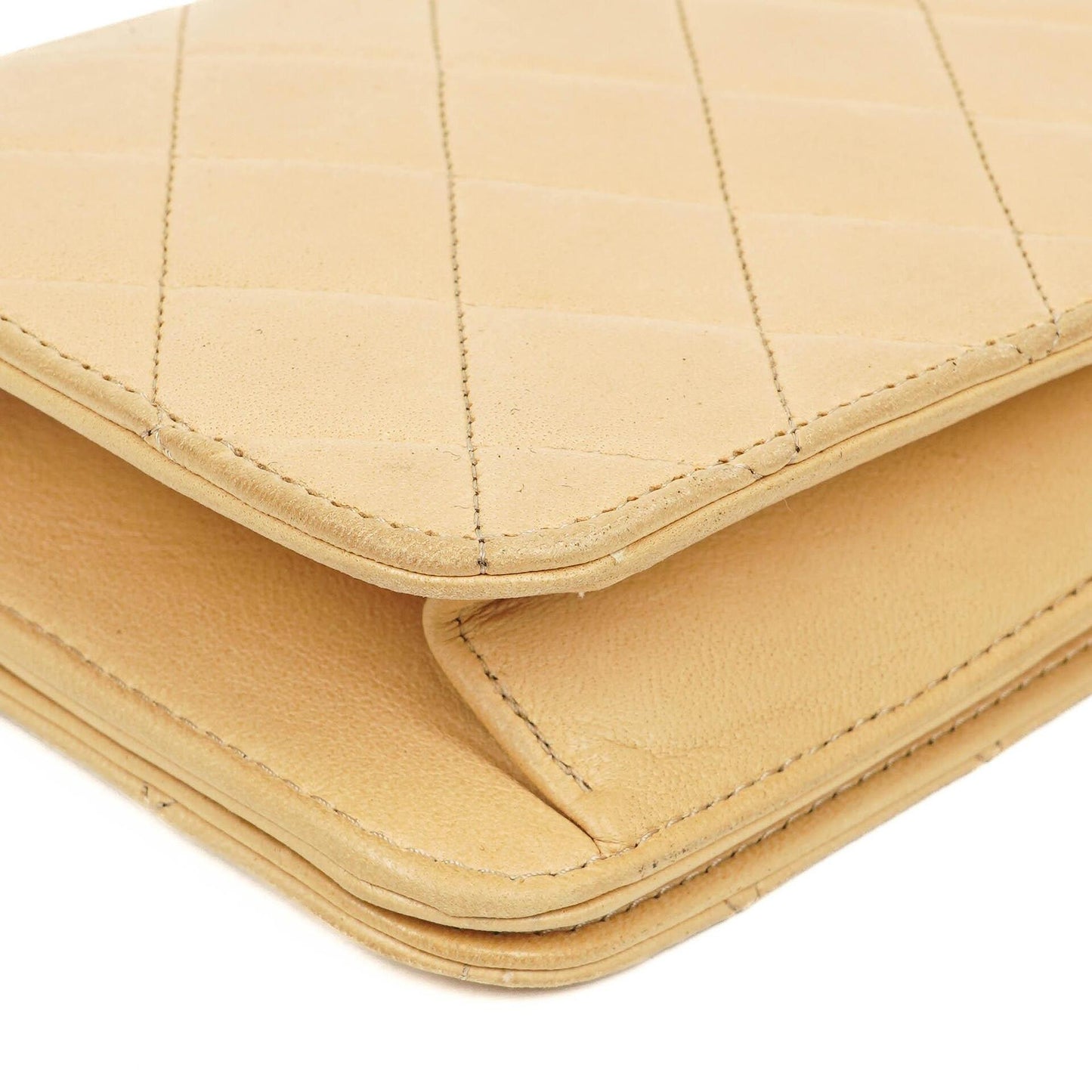 Chanel Mini Classic Biege Quilted Lambskin Full Flap Wallet On Chain WOC With 24K Gold-Plated Hardware