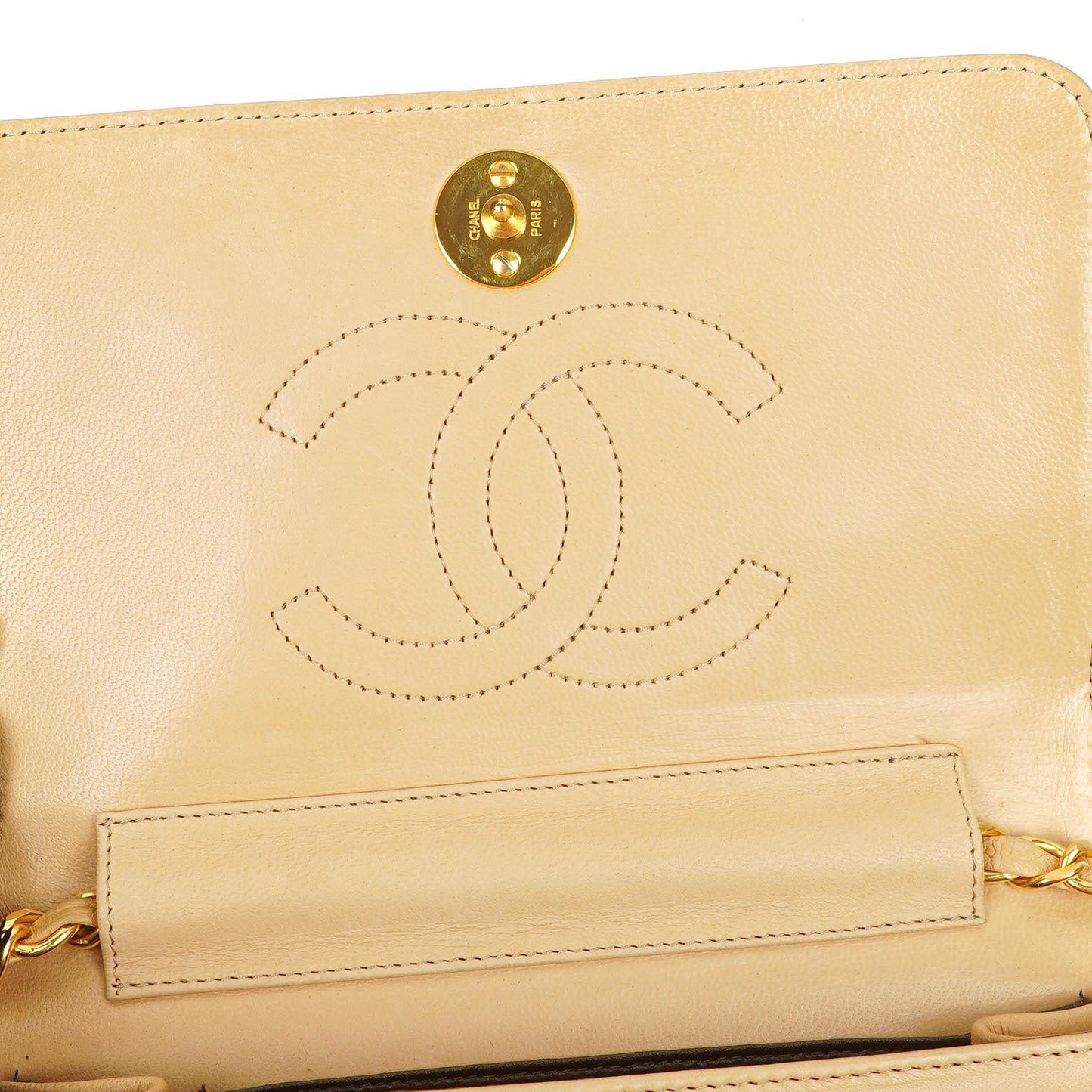 Chanel Mini Classic Biege Quilted Lambskin Full Flap Wallet On Chain WOC With 24K Gold-Plated Hardware