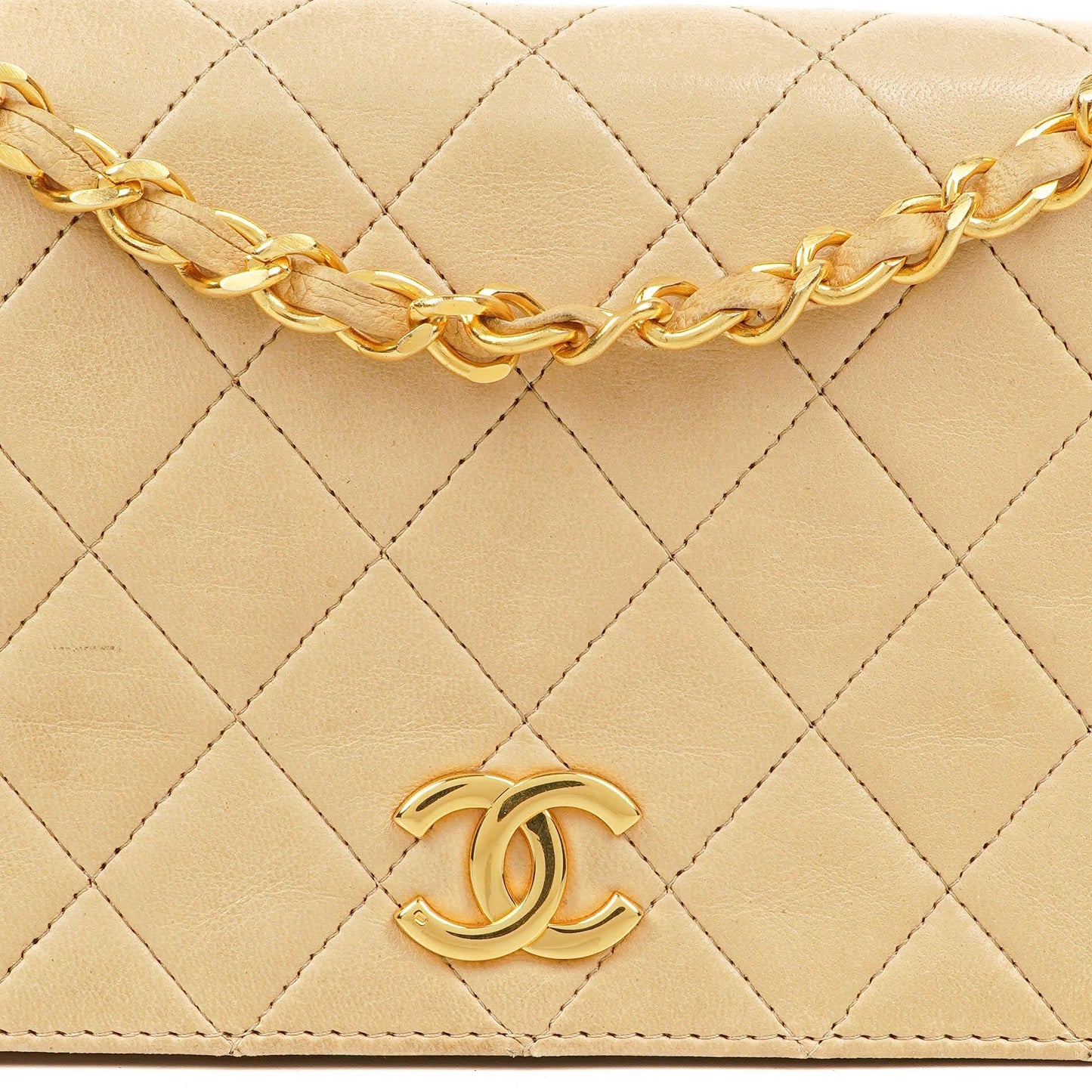 Chanel Mini Classic Biege Quilted Lambskin Full Flap Wallet On Chain WOC With 24K Gold-Plated Hardware