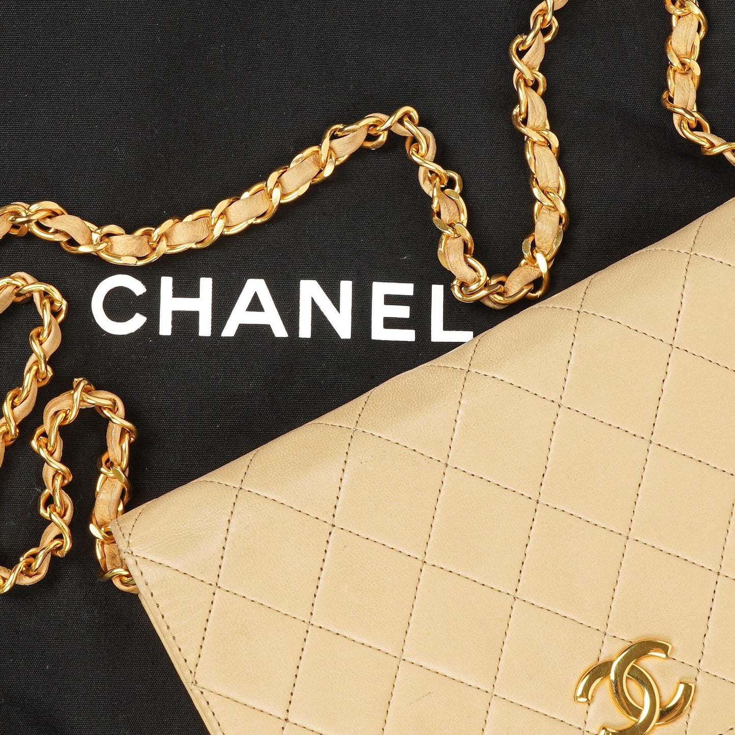 Chanel Mini Classic Biege Quilted Lambskin Full Flap Wallet On Chain WOC With 24K Gold-Plated Hardware
