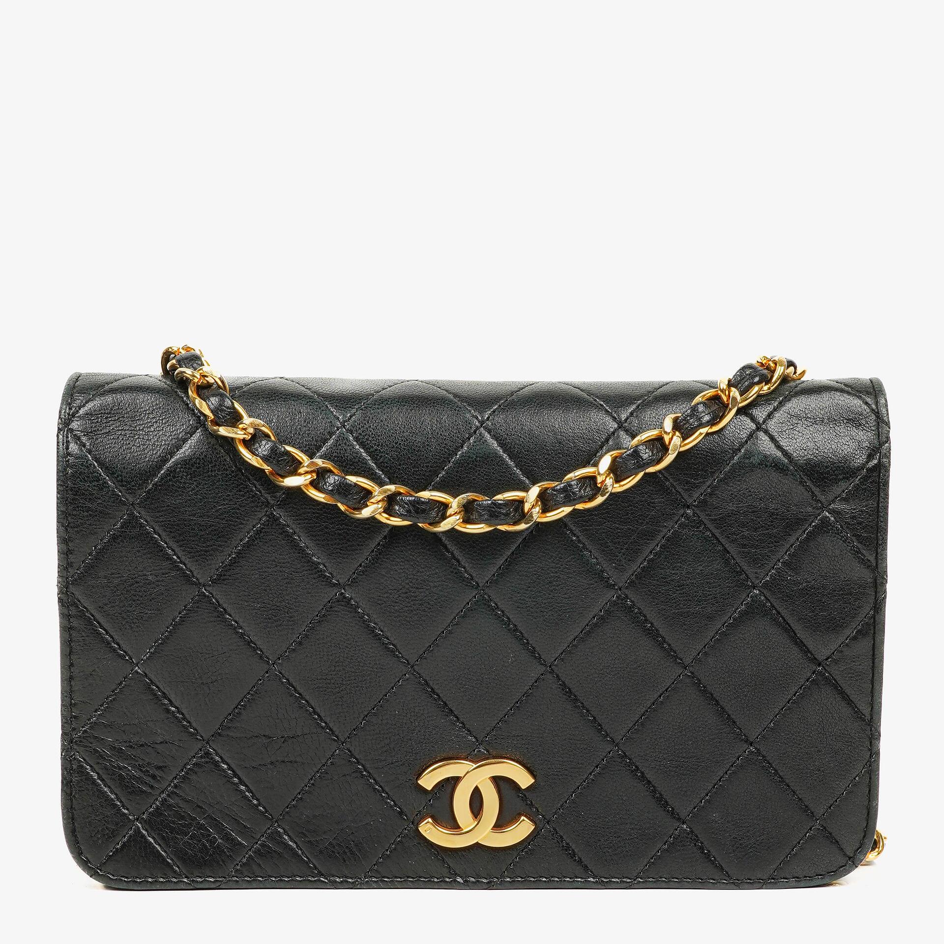 Chanel Mini Classic Black Quilted Lambskin Full Flap Wallet On Chain WOC With 24K Gold-Plated Hardware