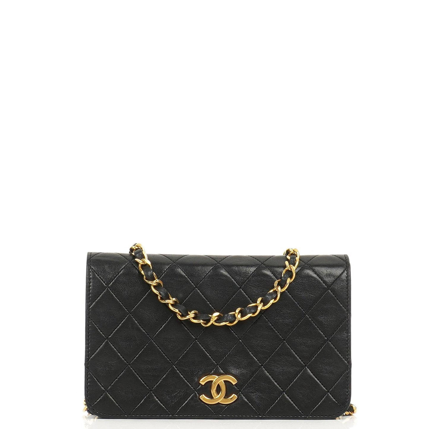 Chanel Mini Classic Black Quilted Lambskin Leather Full Flap Wallet On Chain WOC With 24K Gold-Plated Hardware