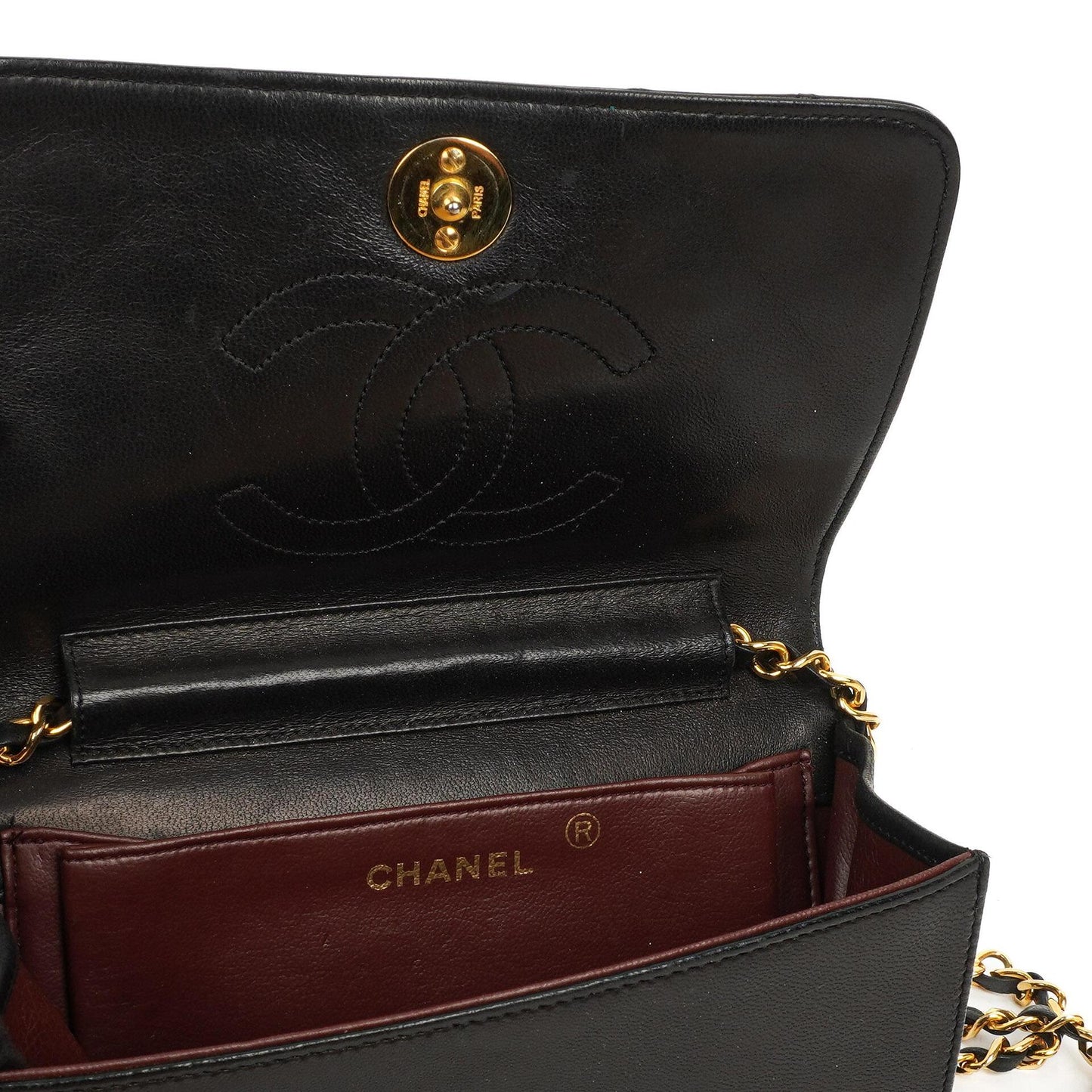 Chanel Mini Classic Black Quilted Lambskin Leather Full Flap Wallet On Chain WOC With 24K Gold-Plated Hardware