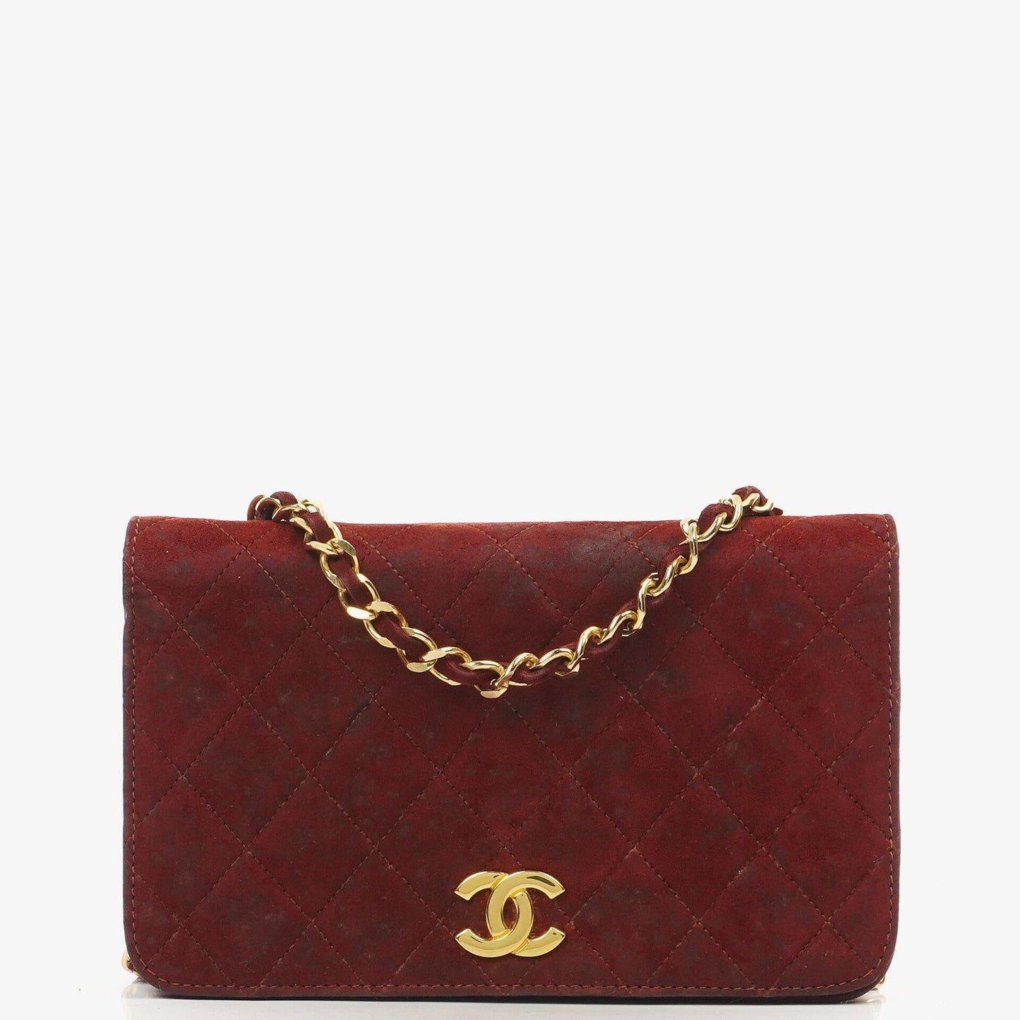Chanel Mini Classic Burgundy Quilted Suede Full Flap Wallet On Chain WOC With Gold-Tone Hardware