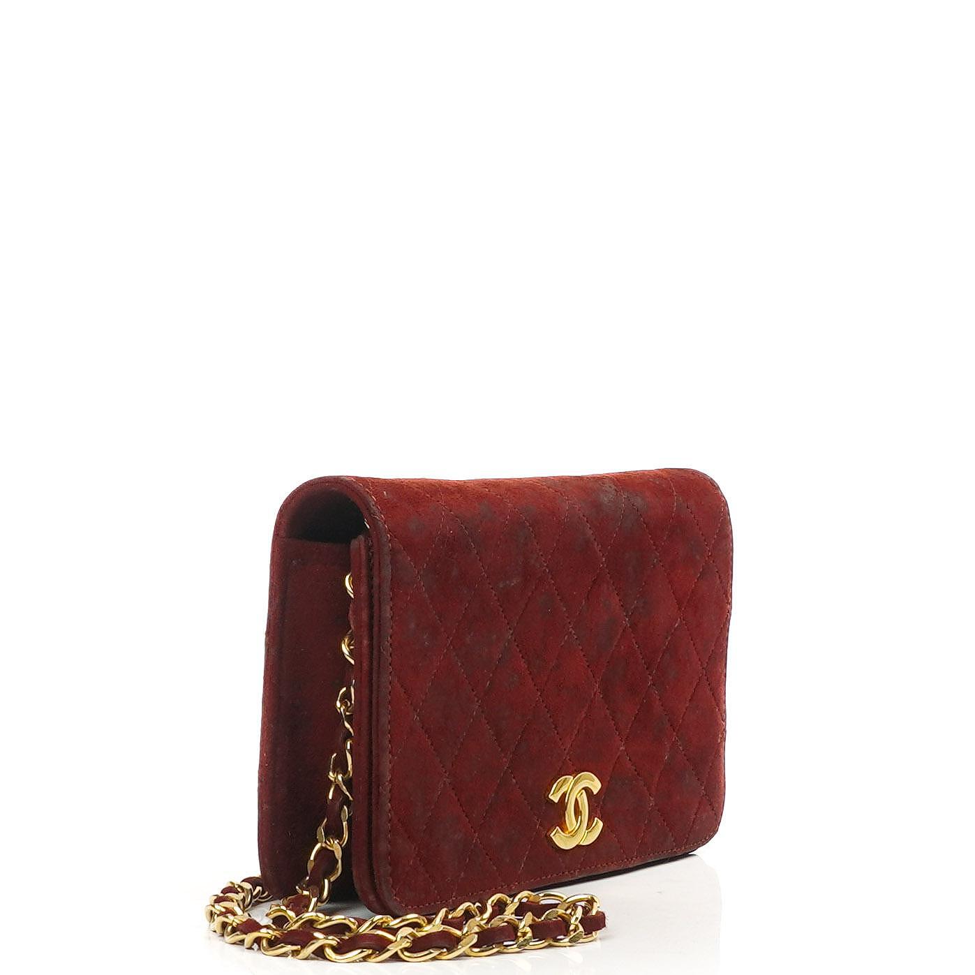 Chanel Mini Classic Burgundy Quilted Suede Full Flap Wallet On Chain WOC With Gold-Tone Hardware