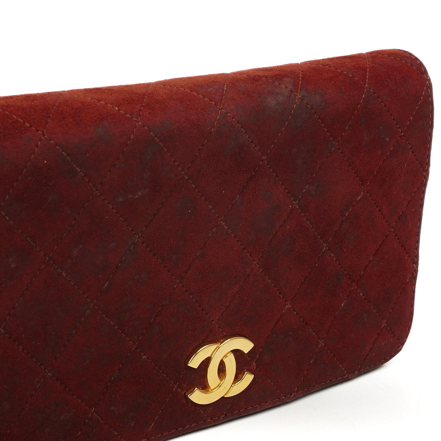 Chanel Mini Classic Burgundy Quilted Suede Full Flap Wallet On Chain WOC With Gold-Tone Hardware