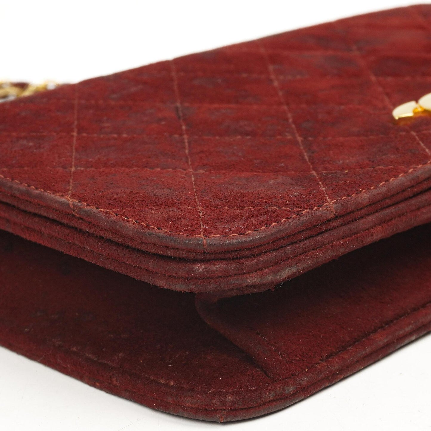 Chanel Mini Classic Burgundy Quilted Suede Full Flap Wallet On Chain WOC With Gold-Tone Hardware