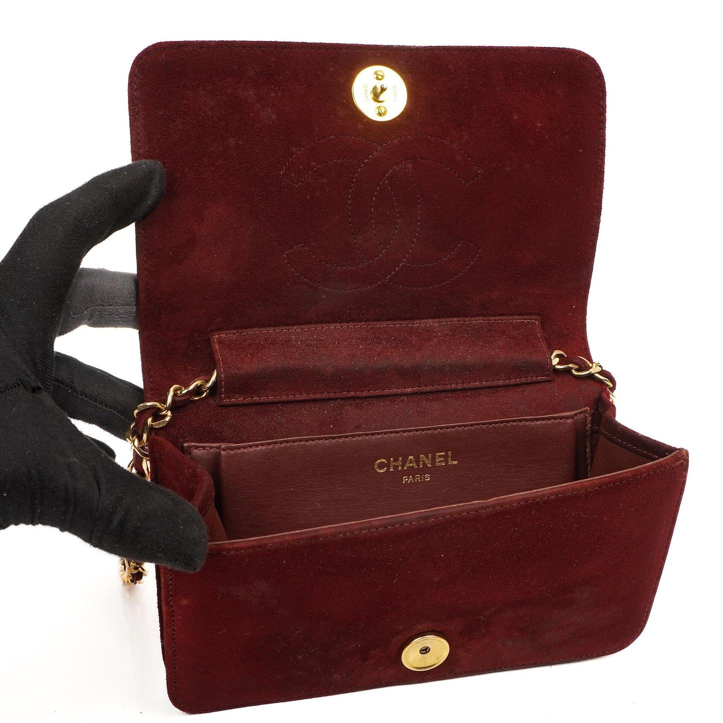 Chanel Mini Classic Burgundy Quilted Suede Full Flap Wallet On Chain WOC With Gold-Tone Hardware