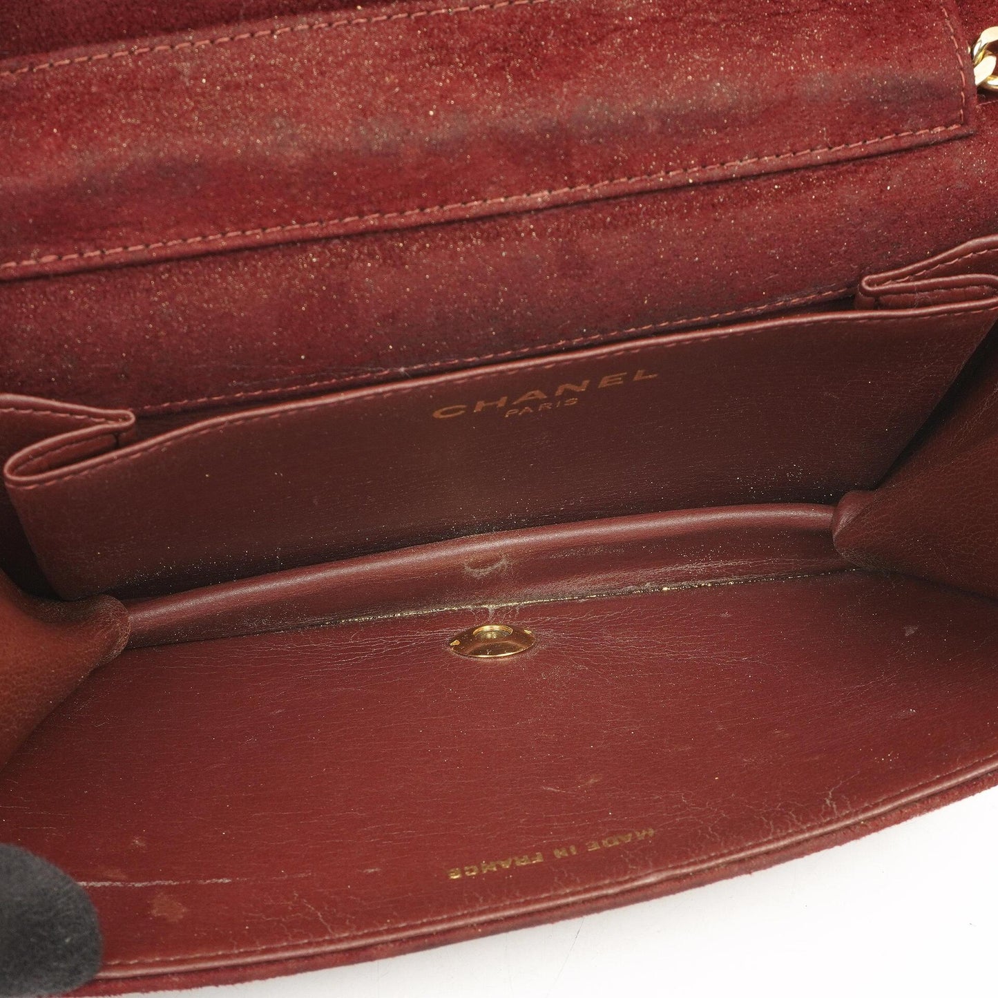 Chanel Mini Classic Burgundy Quilted Suede Full Flap Wallet On Chain WOC With Gold-Tone Hardware