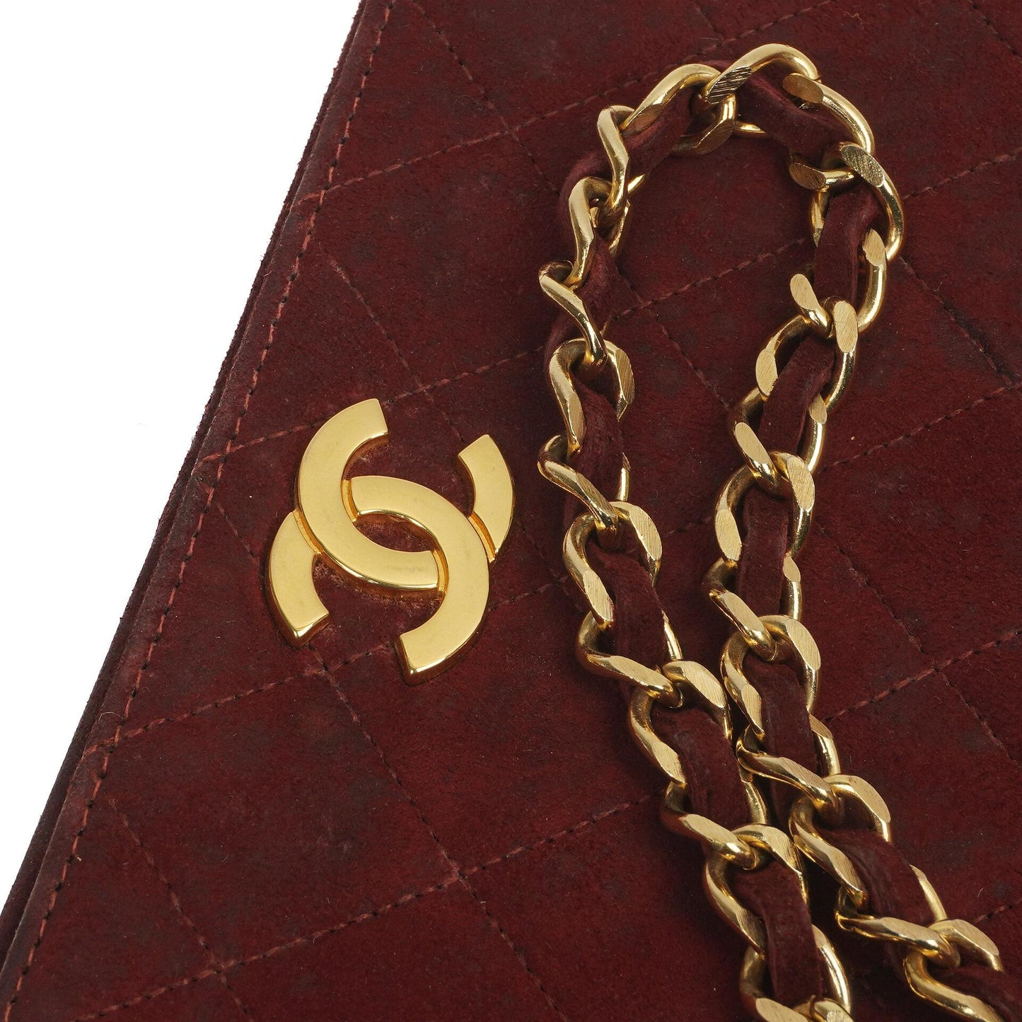Chanel Mini Classic Burgundy Quilted Suede Full Flap Wallet On Chain WOC With Gold-Tone Hardware