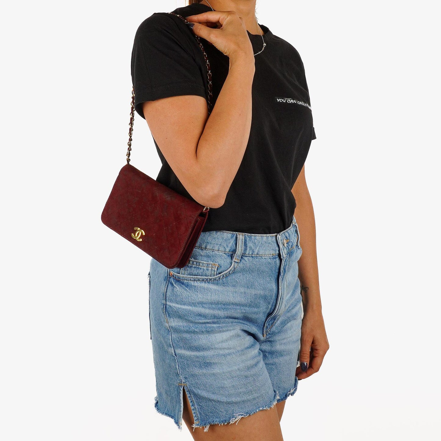 Chanel Mini Classic Burgundy Quilted Suede Full Flap Wallet On Chain WOC With Gold-Tone Hardware