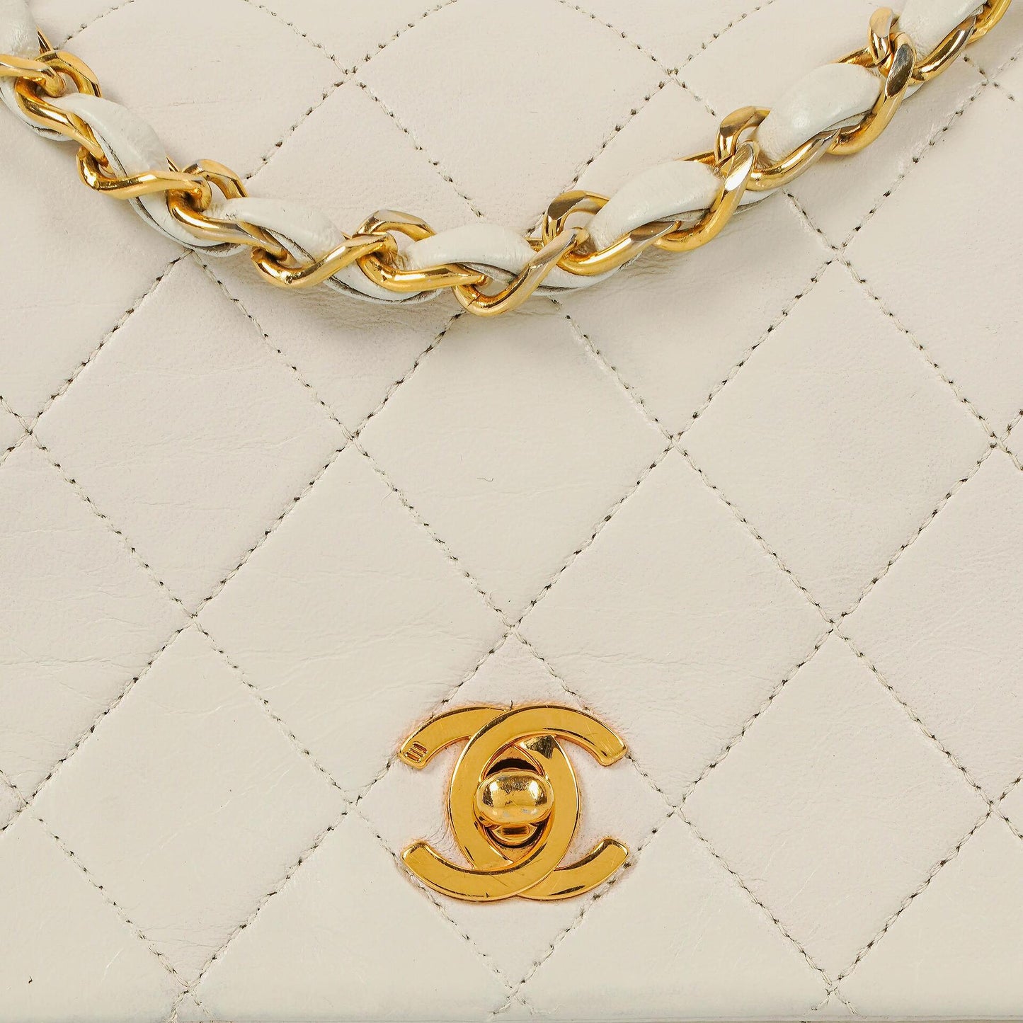 Chanel Mini Classic White Quilted Lambskin Full Flap Wallet On Chain WOC With 24K Gold-Plated Hardware