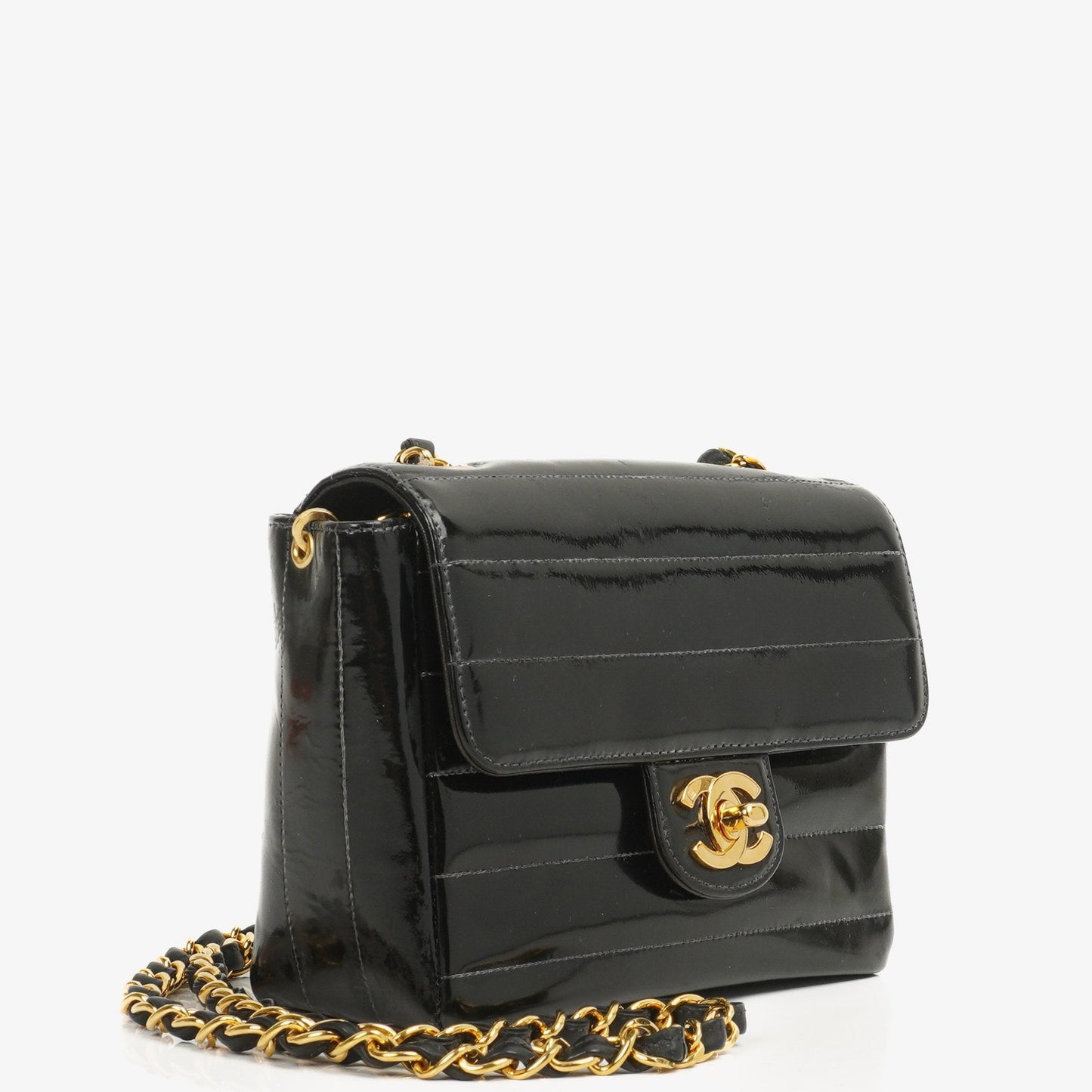 Chanel Mini Flap Square Bag in Black Horizontal Quilted Patent Leather with 24K Gold-Plated Hardware