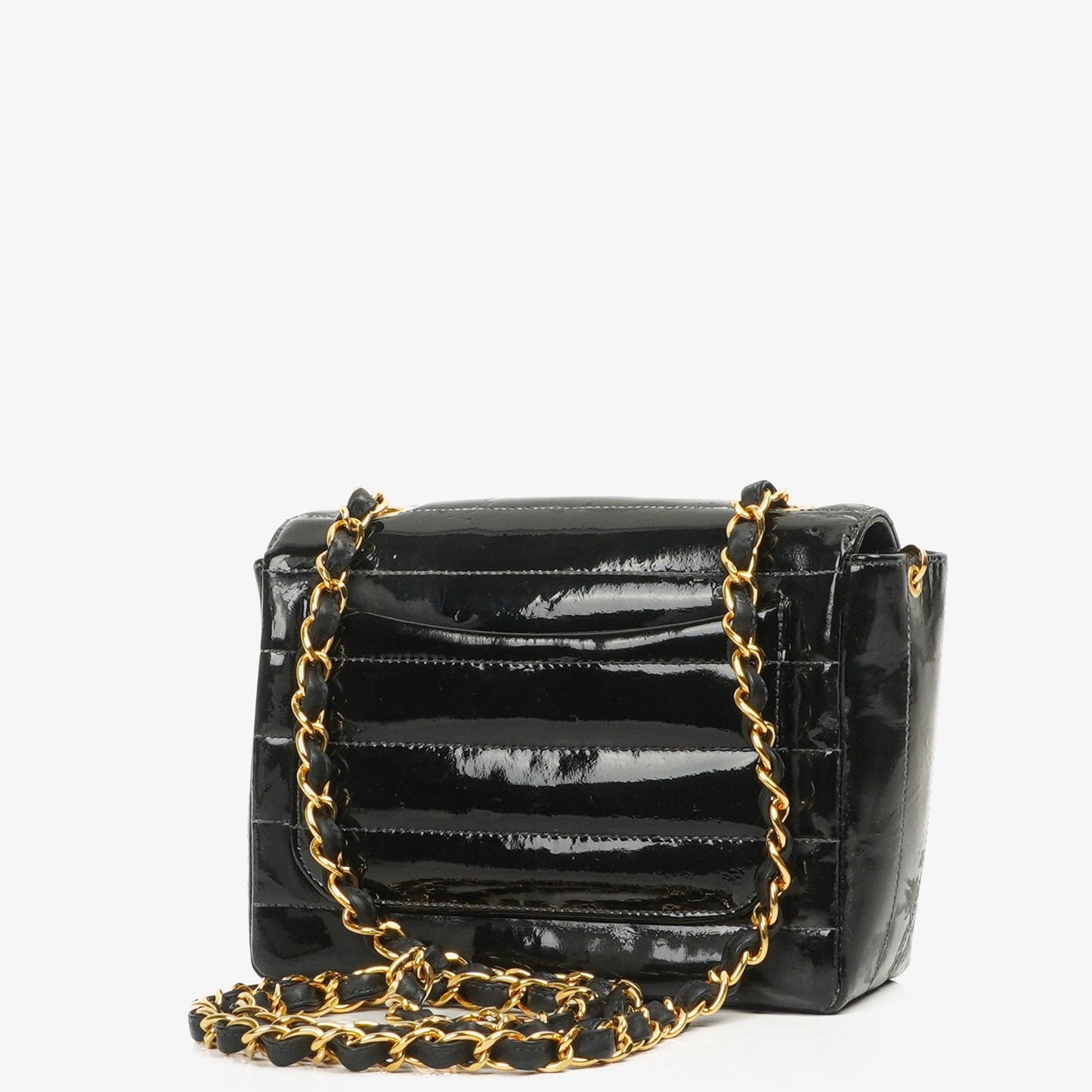 Chanel Mini Flap Square Bag in Black Horizontal Quilted Patent Leather with 24K Gold-Plated Hardware